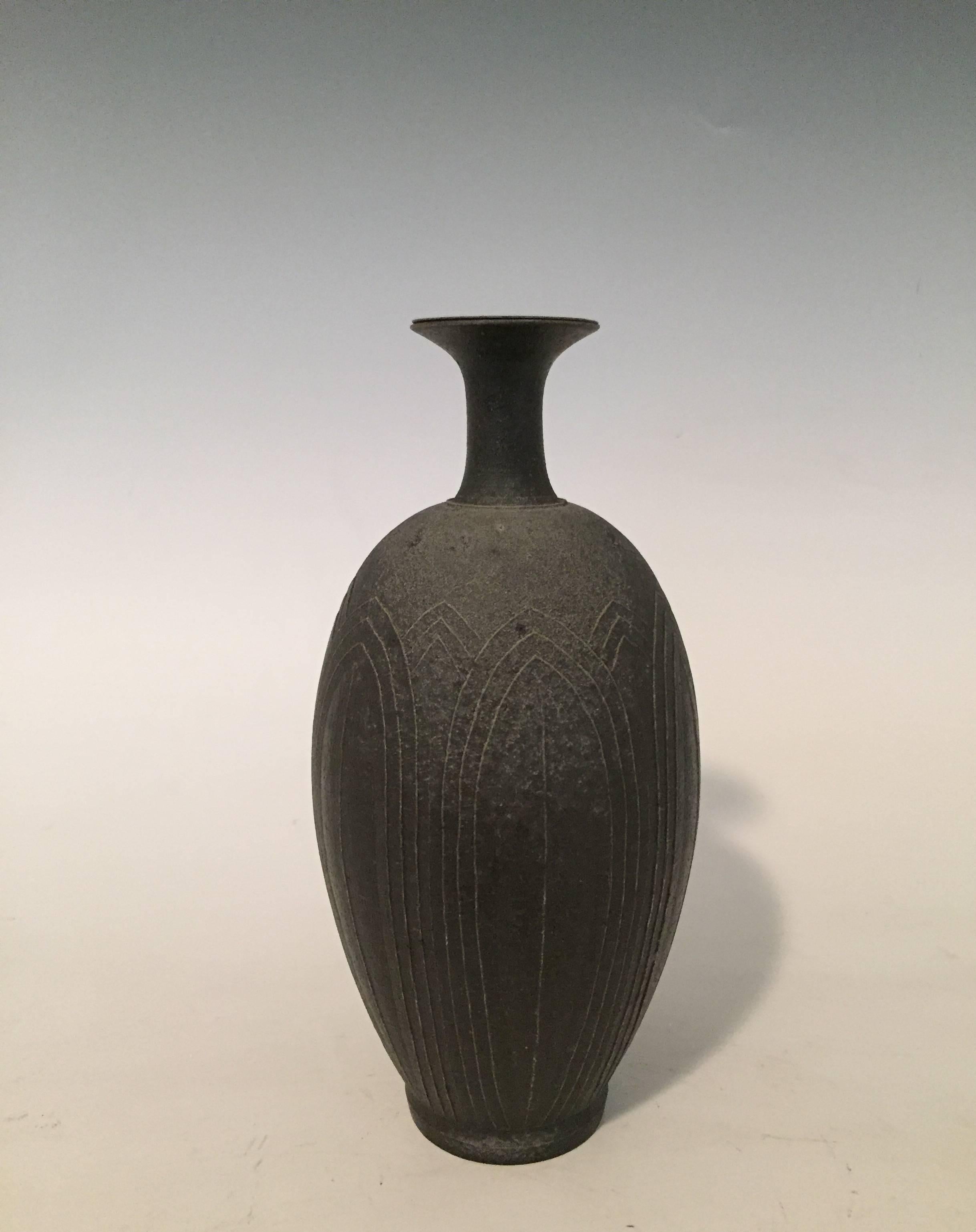Contemporary Stoneware Vase with Lotus Design by Japanese Ceramicist Koji Toda In Excellent Condition In Los Angeles, CA