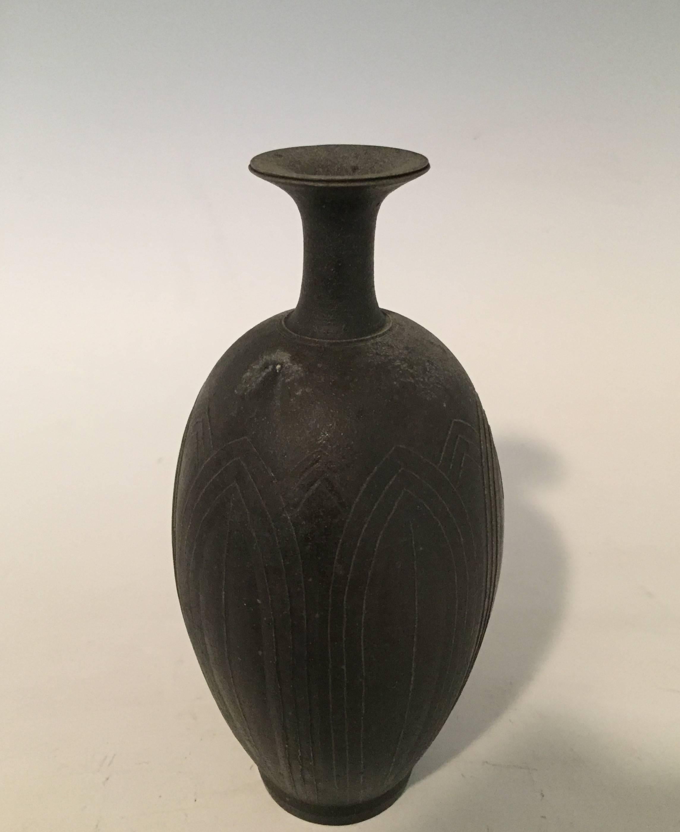 Contemporary Stoneware Vase with Lotus Design by Japanese Ceramicist Koji Toda 1