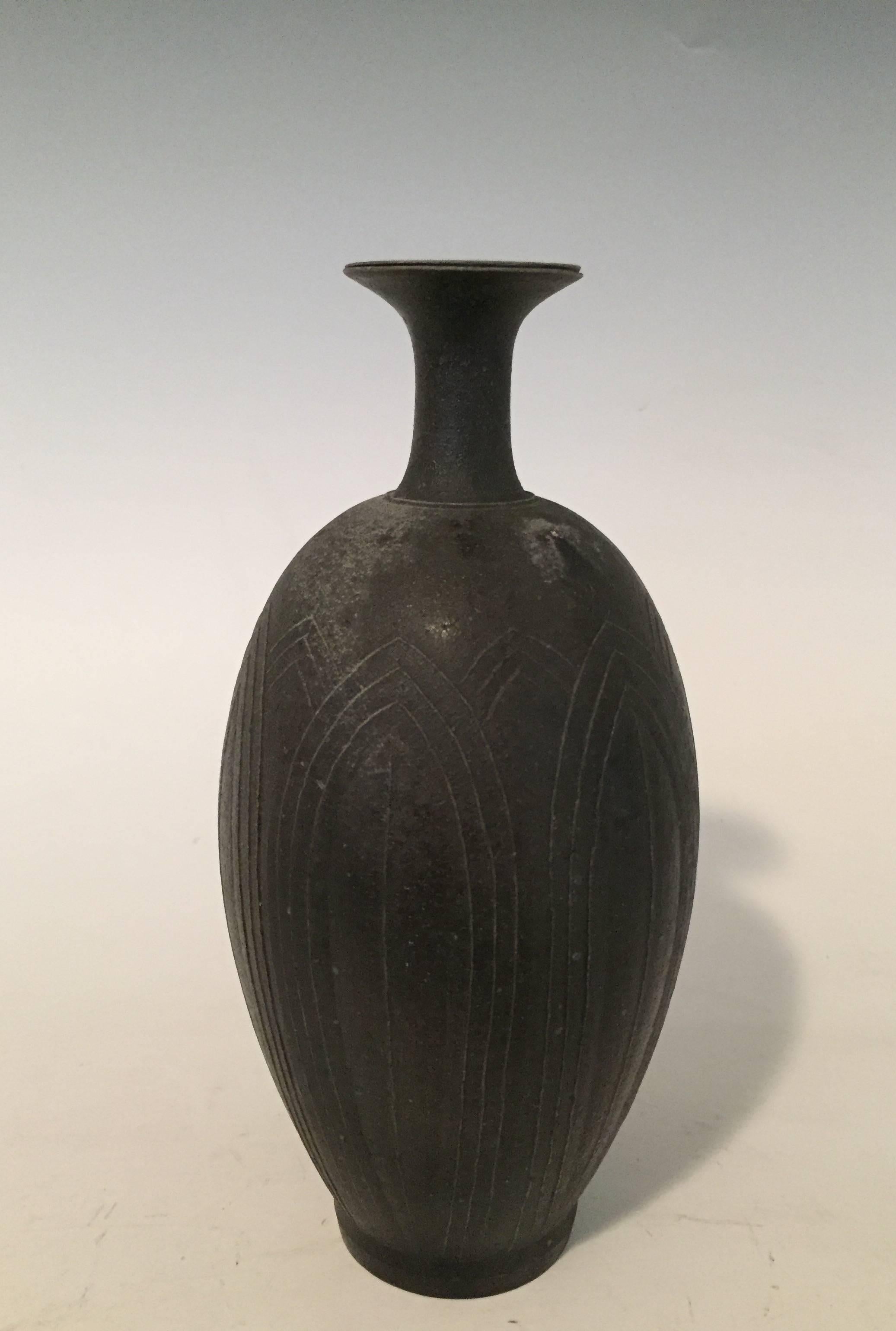 Contemporary Stoneware Vase with Lotus Design by Japanese Ceramicist Koji Toda 2