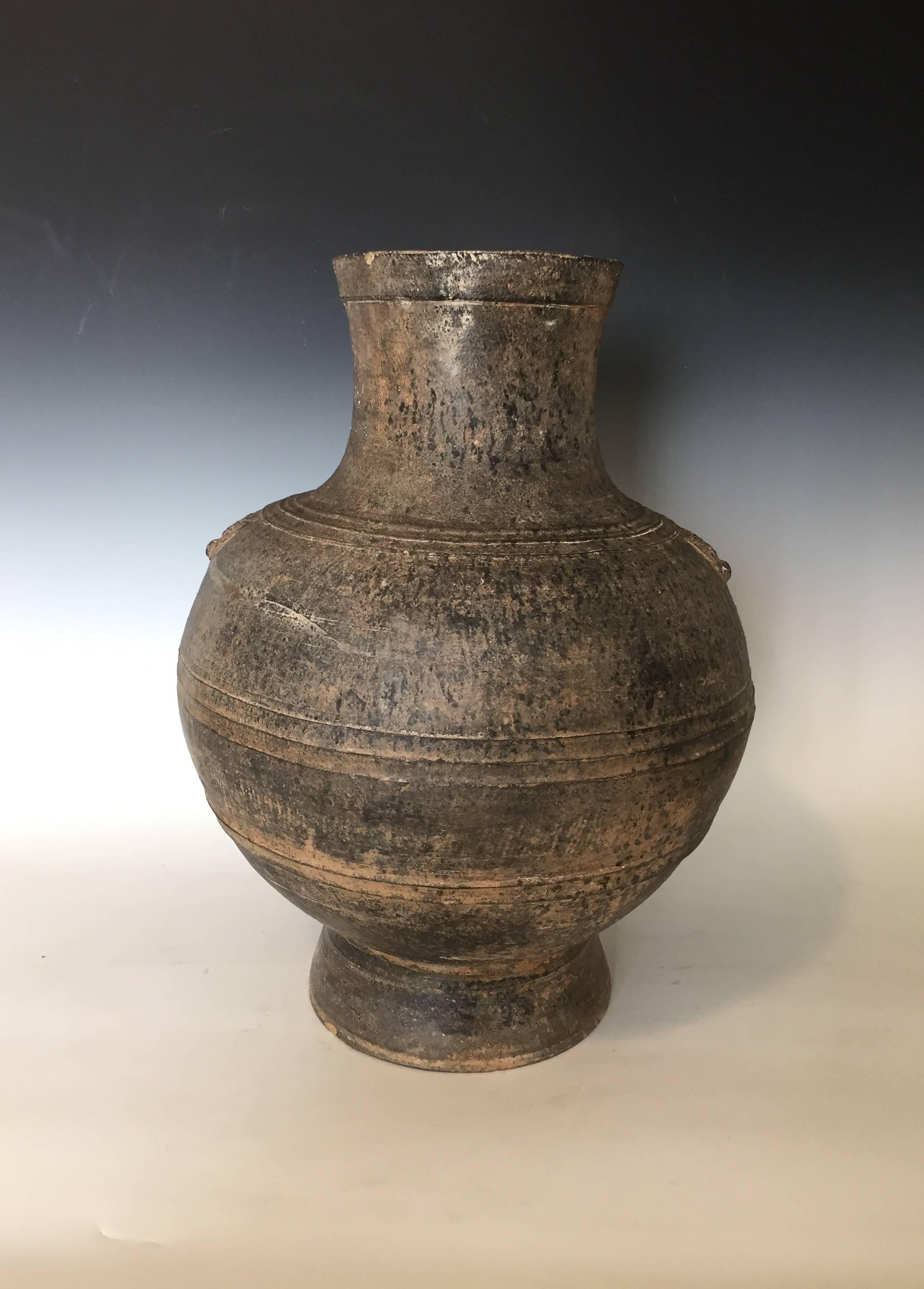 Pair of large Han dynasty Jars (206 B.C-220 A.D).
Measures: Height 20" tall x 15.5" x 15.5"
Grey pottery with beautiful patina. Each Jar has two taotie masks that adorn each side.
