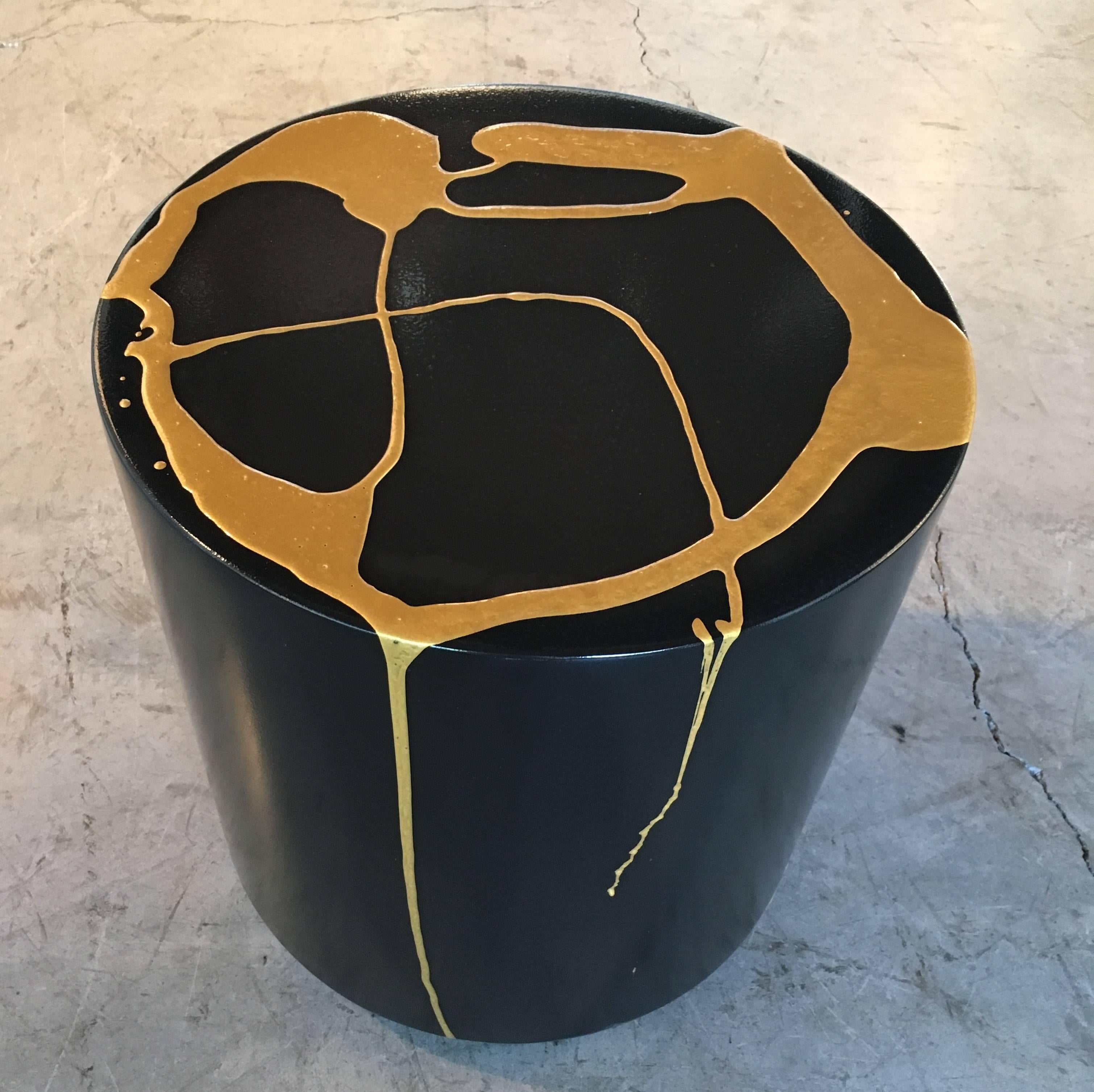 Stunning one-of-a-kind resin Martha Sturdy chief round stool/ side table with steel frame. Each piece is created in Vancouver, Canada, using hand mixed, poured, and sanded 