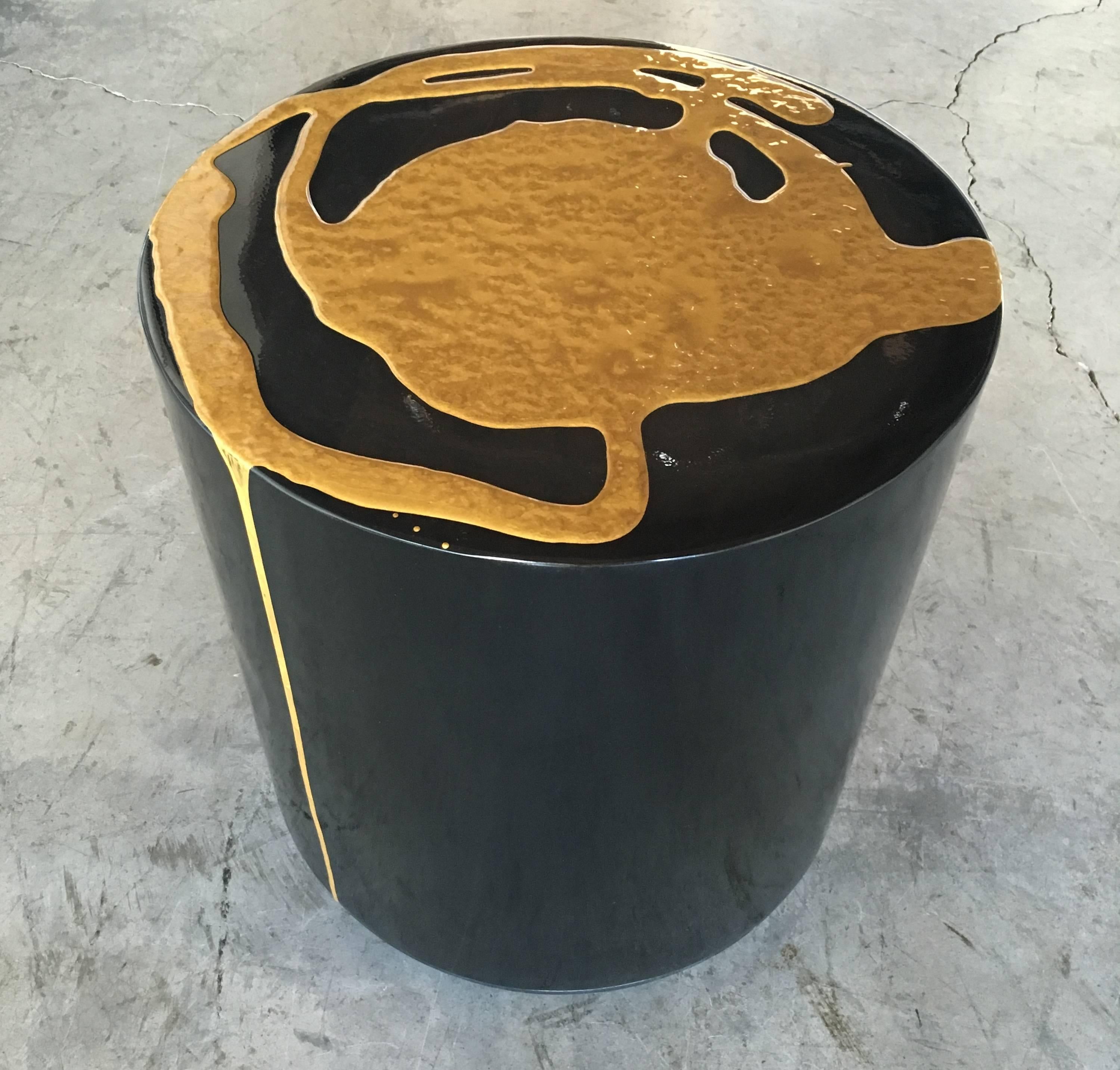 Canadian Martha Sturdy, Black and Gold Resin Art Application Round Stool or Side Table For Sale