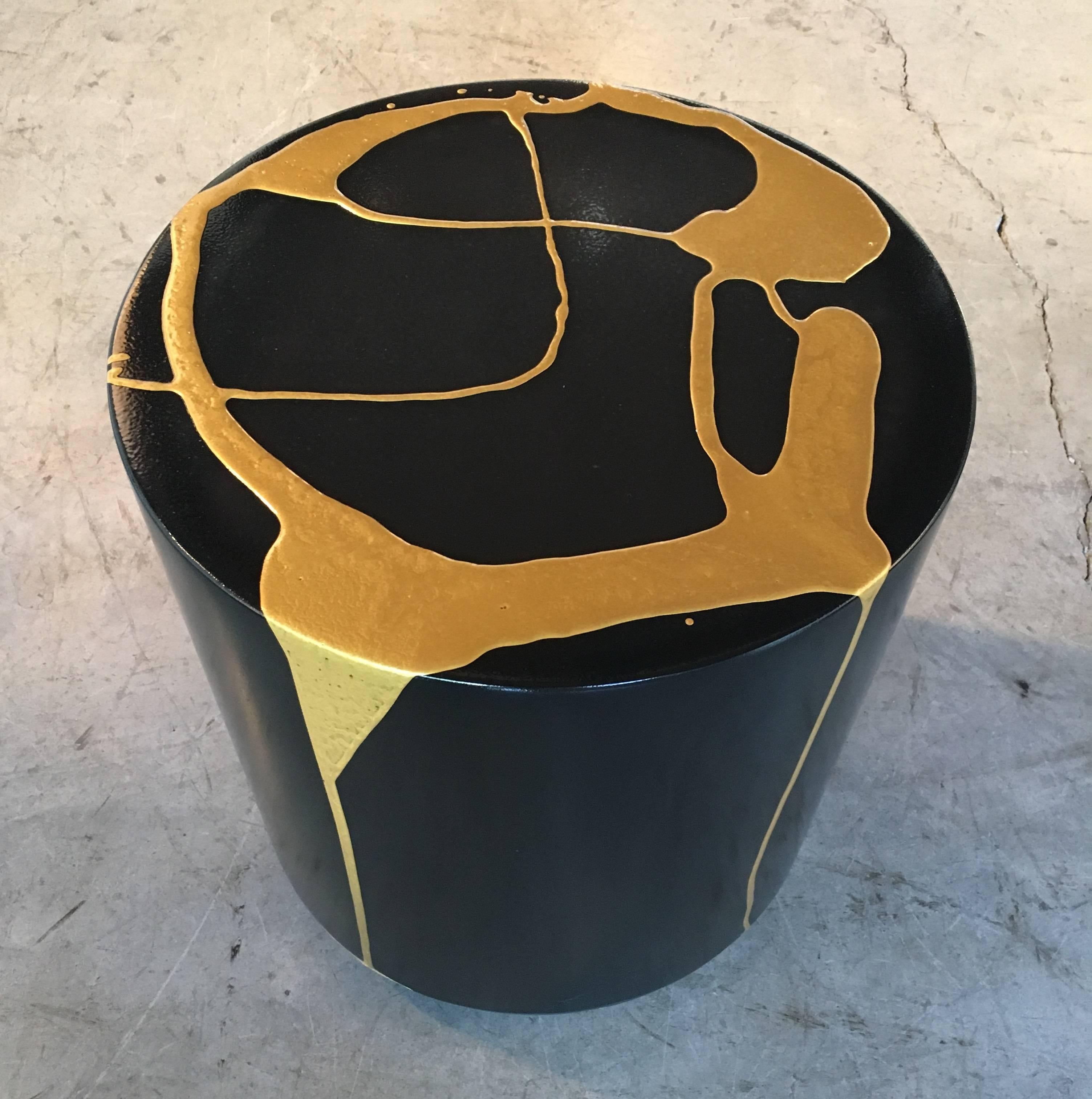 Canadian Martha Sturdy, Black and Gold Resin Art Application Round Stool/ Side Table For Sale