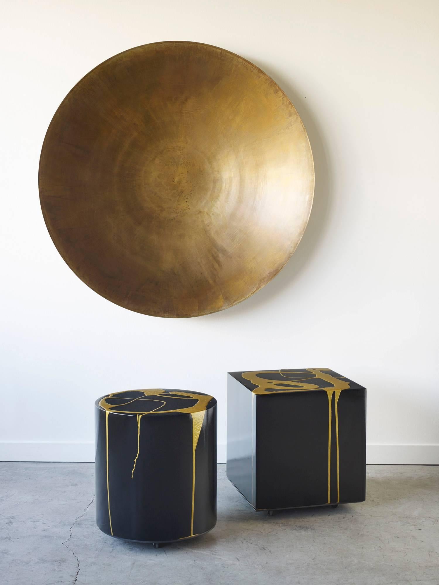 Martha Sturdy, Black and Gold Resin Art Application Round Stool/ Side Table In Excellent Condition For Sale In Vancouver, British Columbia