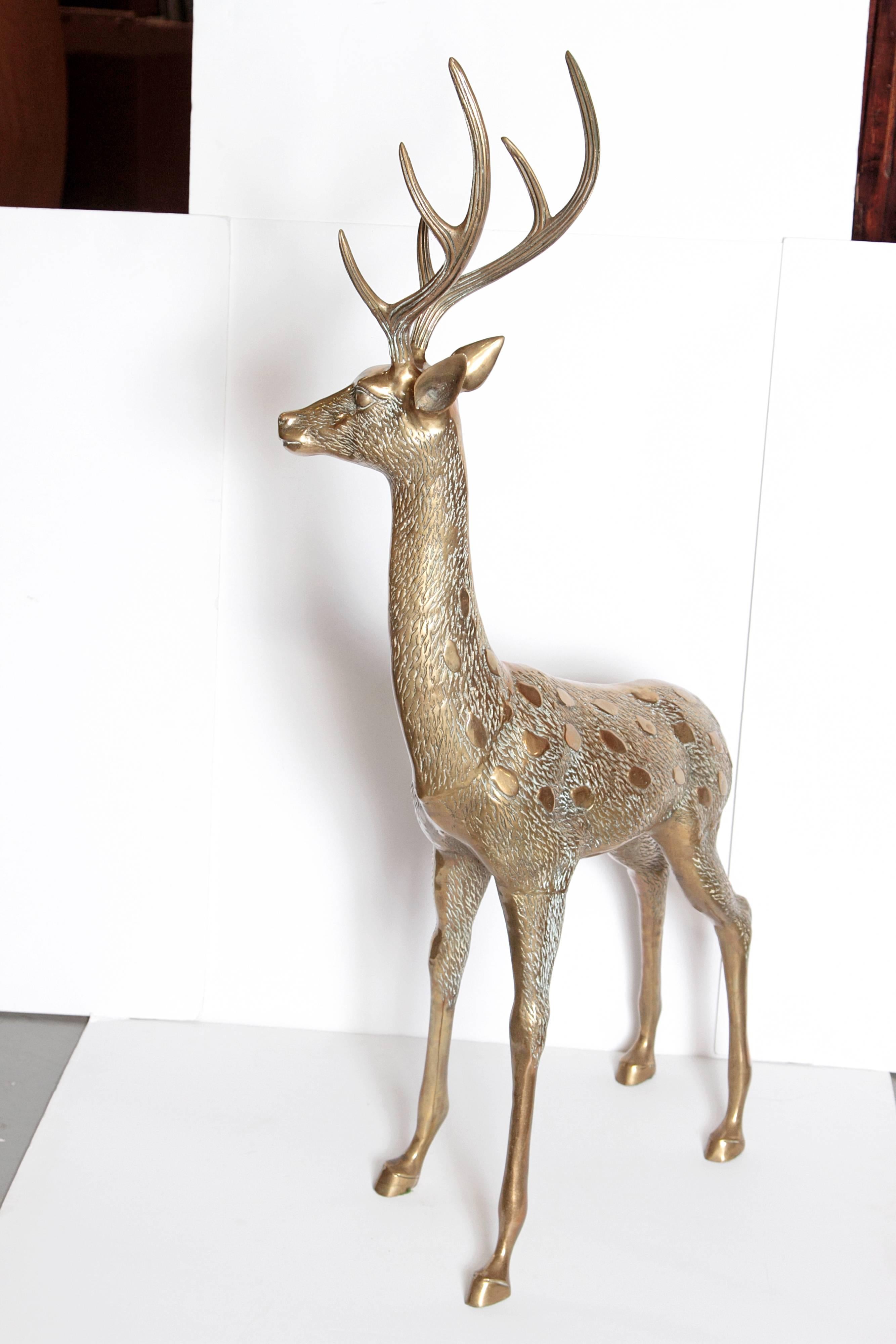 Large Vintage Brass Deer Sculpture In Excellent Condition In Dallas, TX