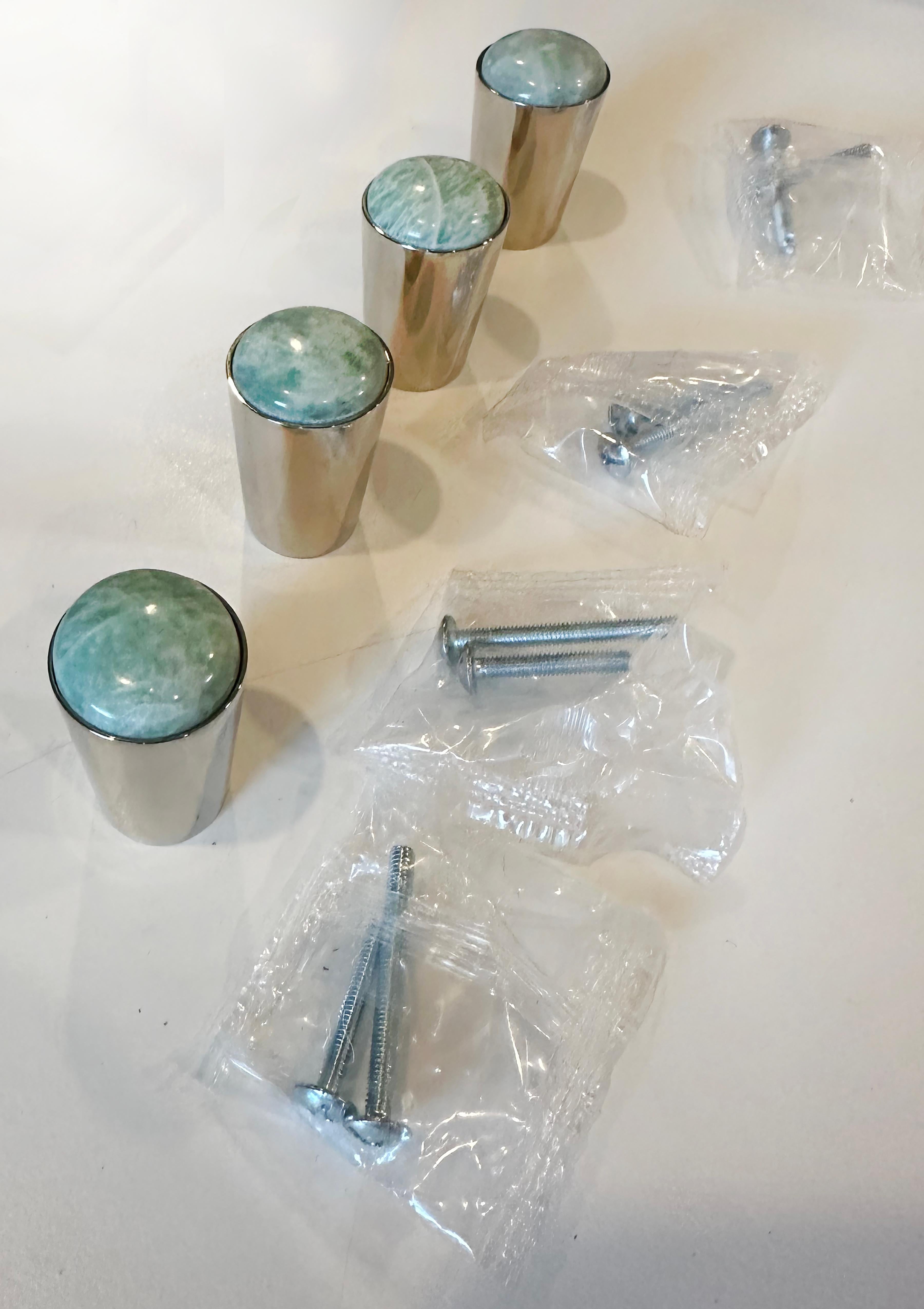 An exquisite set of drawer pulls made by Porter and bar pulls made by Porter. Made with a combination of beautiful Amazonite and polished Nickel. Nine total small rectangular pulls, four small knob pulls, and two tall drawer handle pulls included.