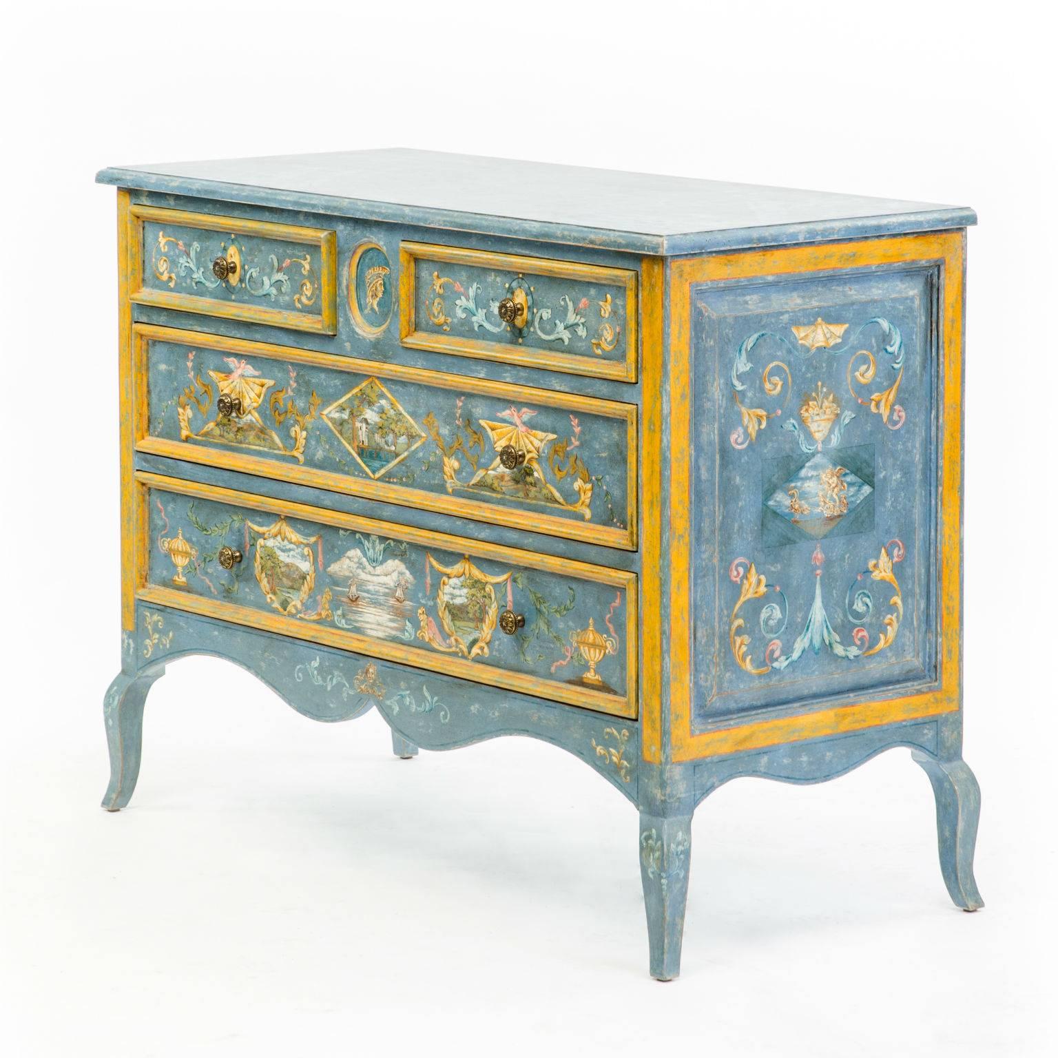 A pair of beautiful 18th century style Paolo Romano four-drawer chests that have been hand-painted with a custom Romano finish and Roman motifs. Originally from Florence, Italy and in fantastic condition.