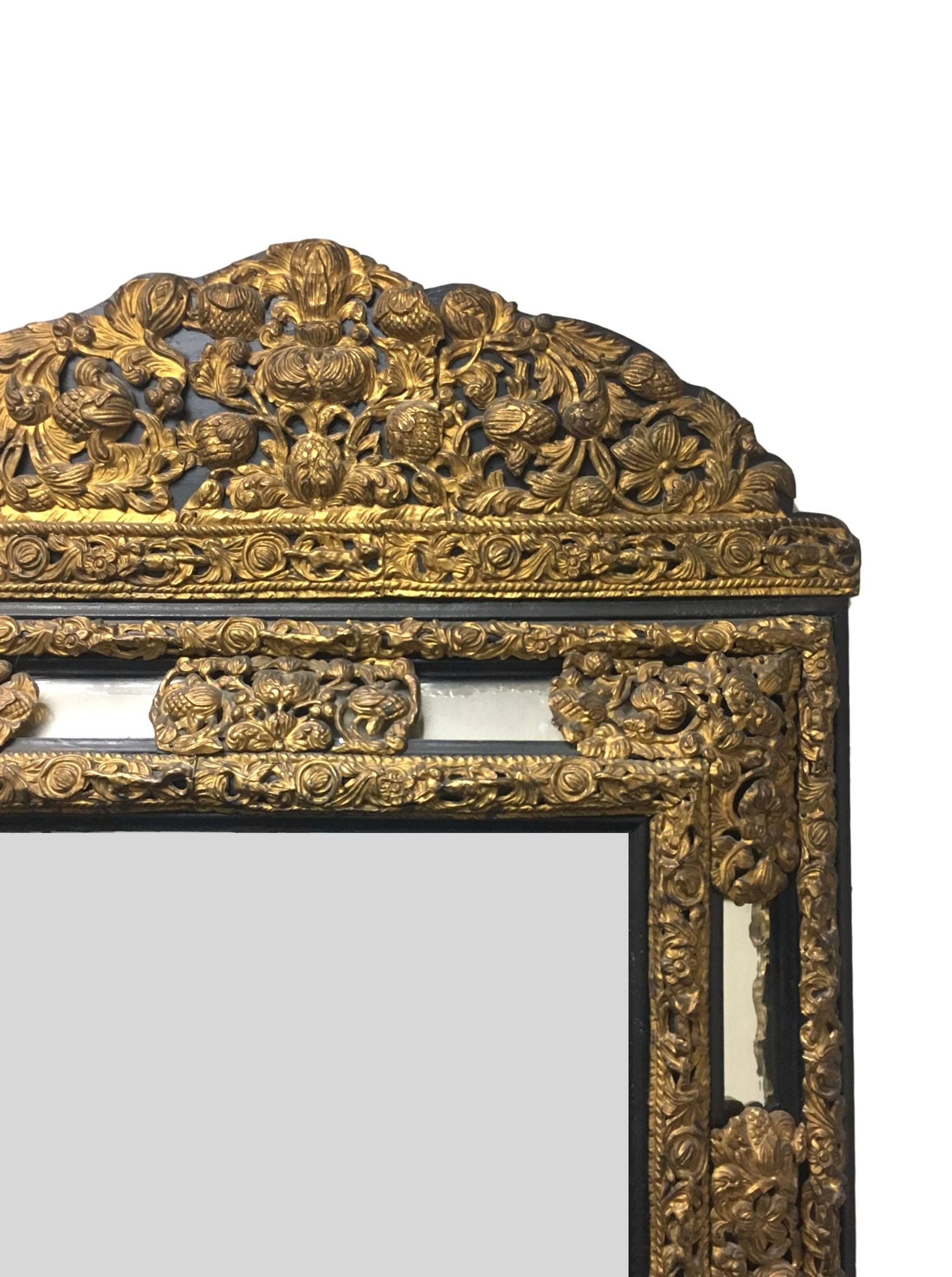 19th Century Dutch Embossed Brass and Ebony Mirror For Sale 3