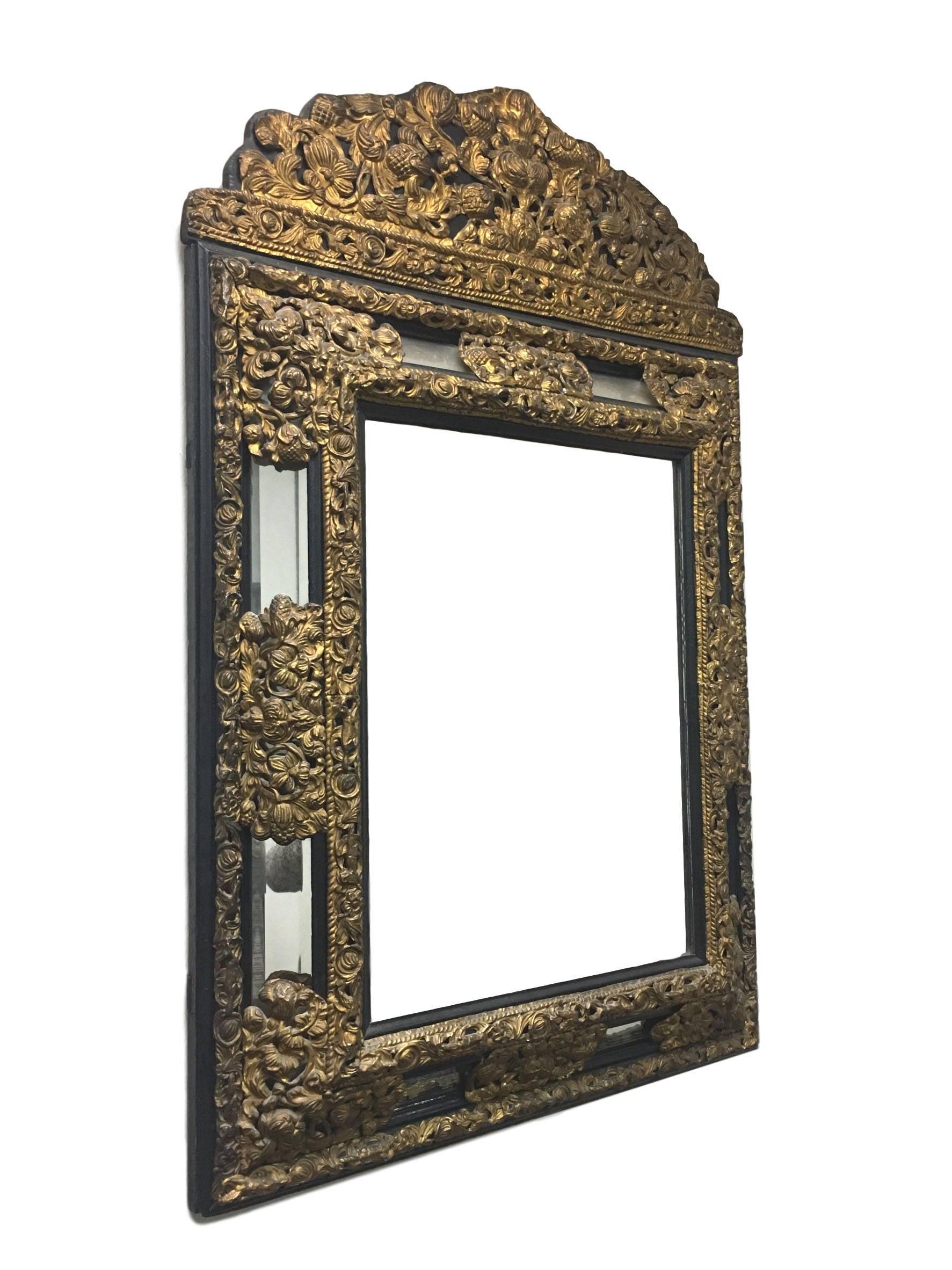 19th Century Dutch Embossed Brass and Ebony Mirror For Sale 2