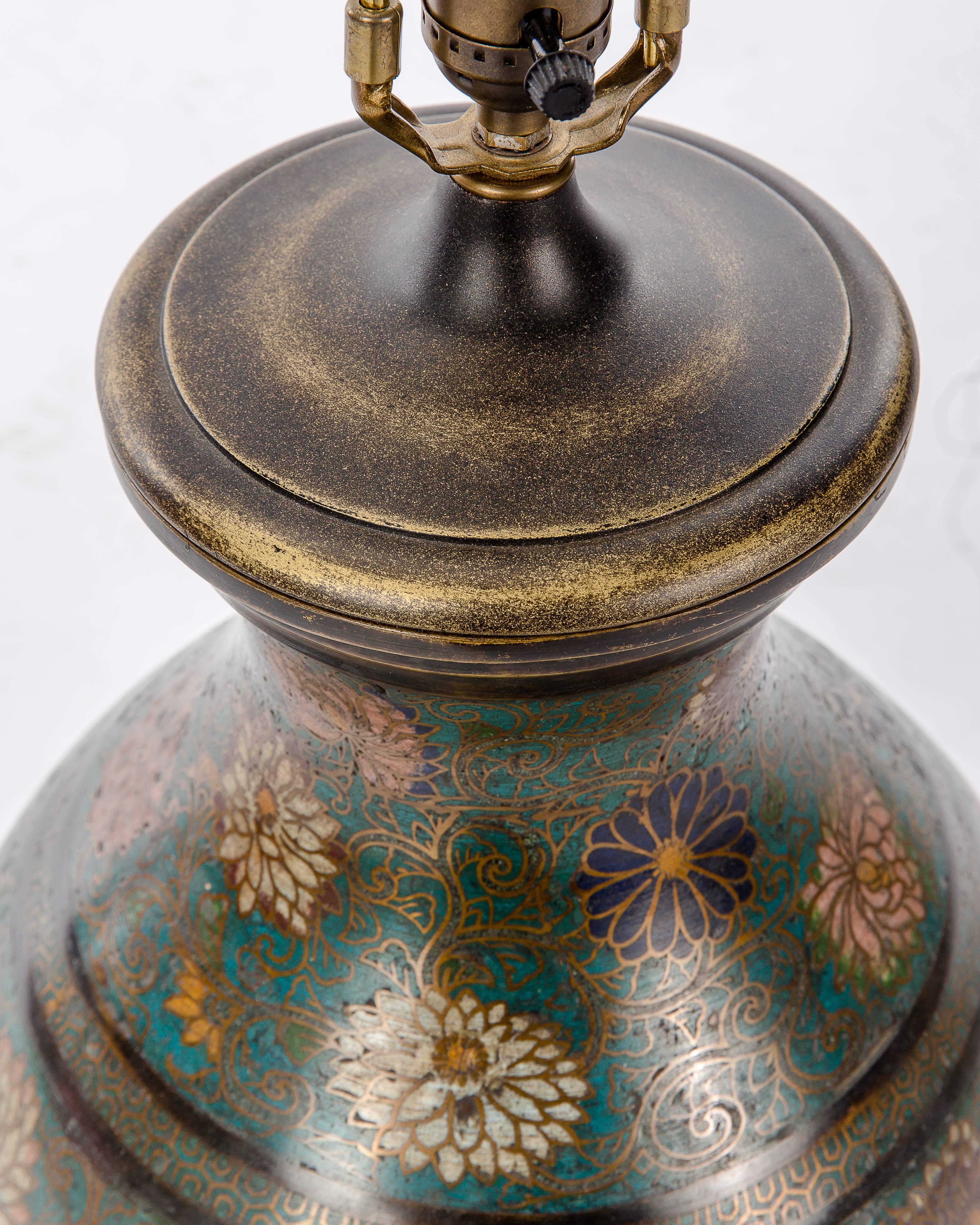 Asian Antique Floral Cloisonne Vase Lamp For Sale