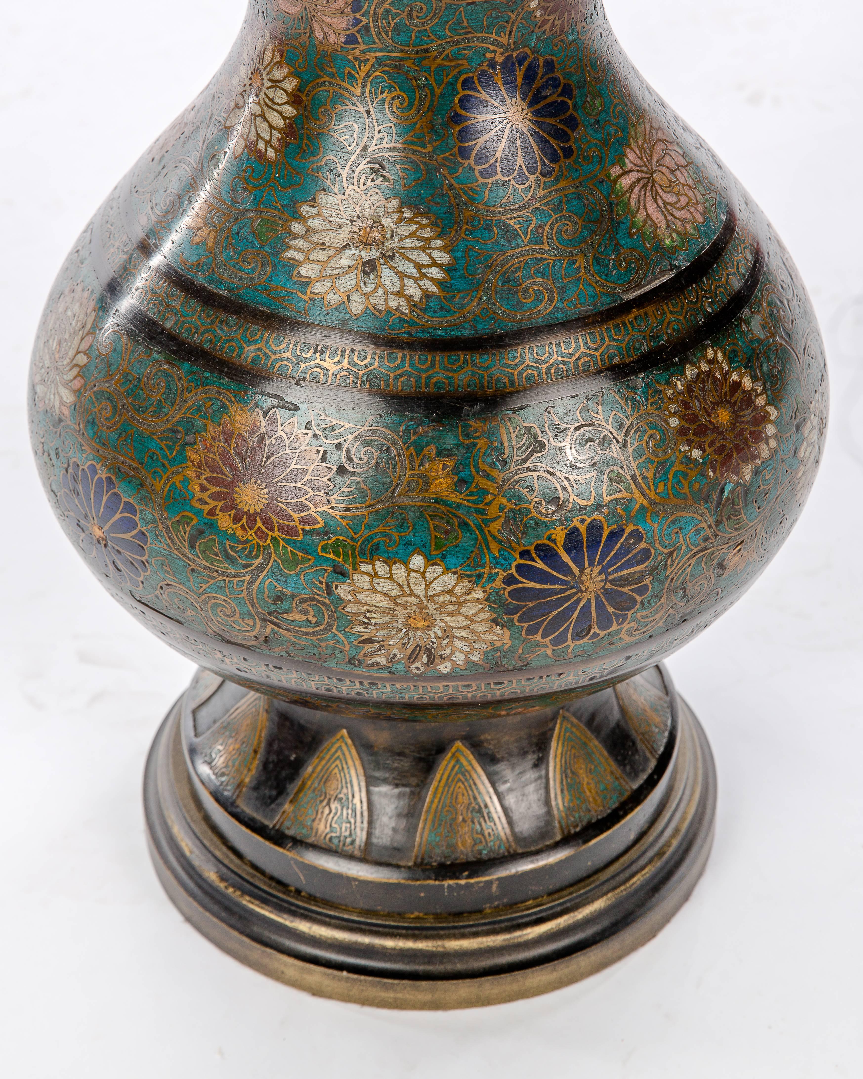 Cloissoné Antique Floral Cloisonne Vase Lamp For Sale