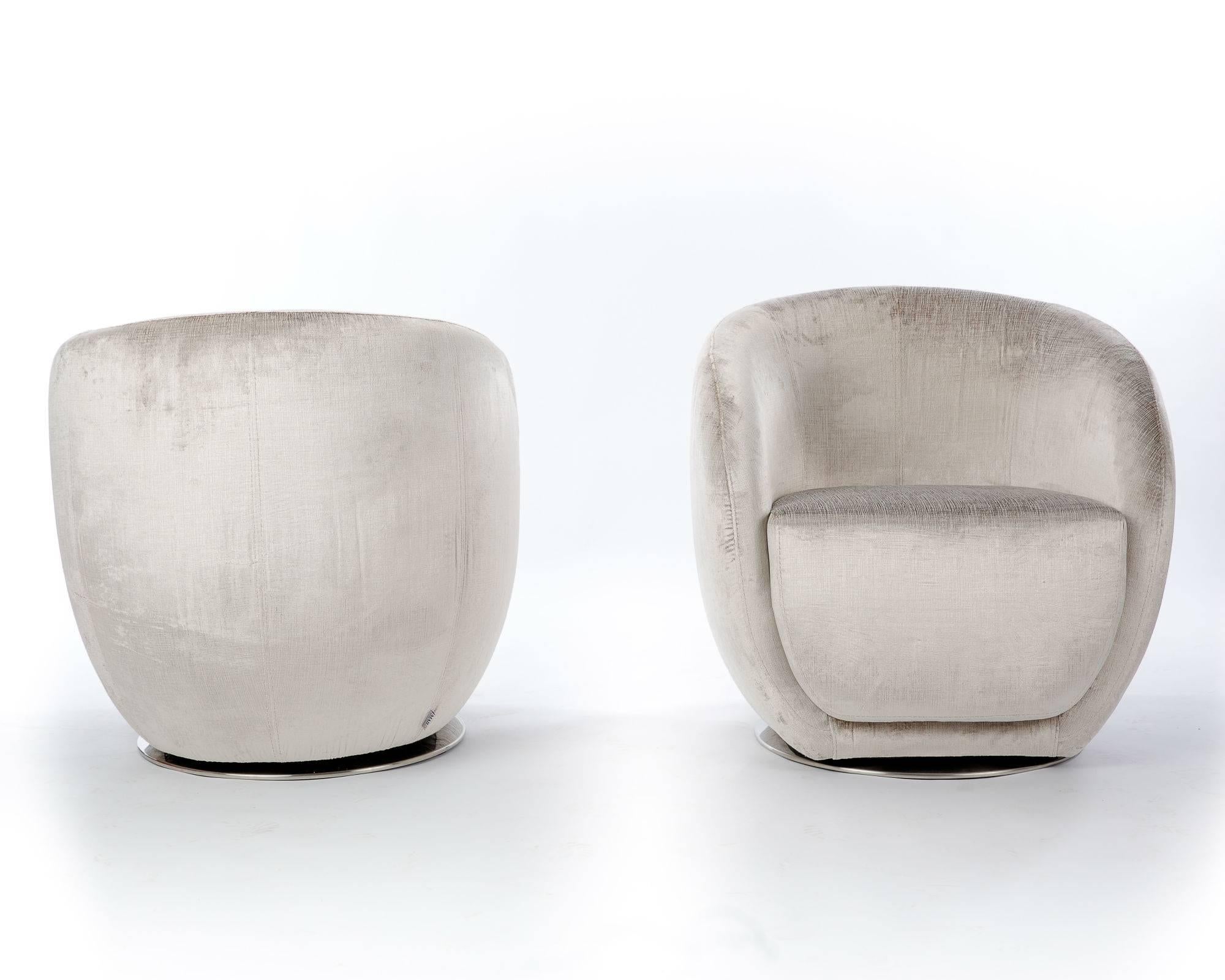 European Pair of Mid-Century Style Silver Swivel Chairs