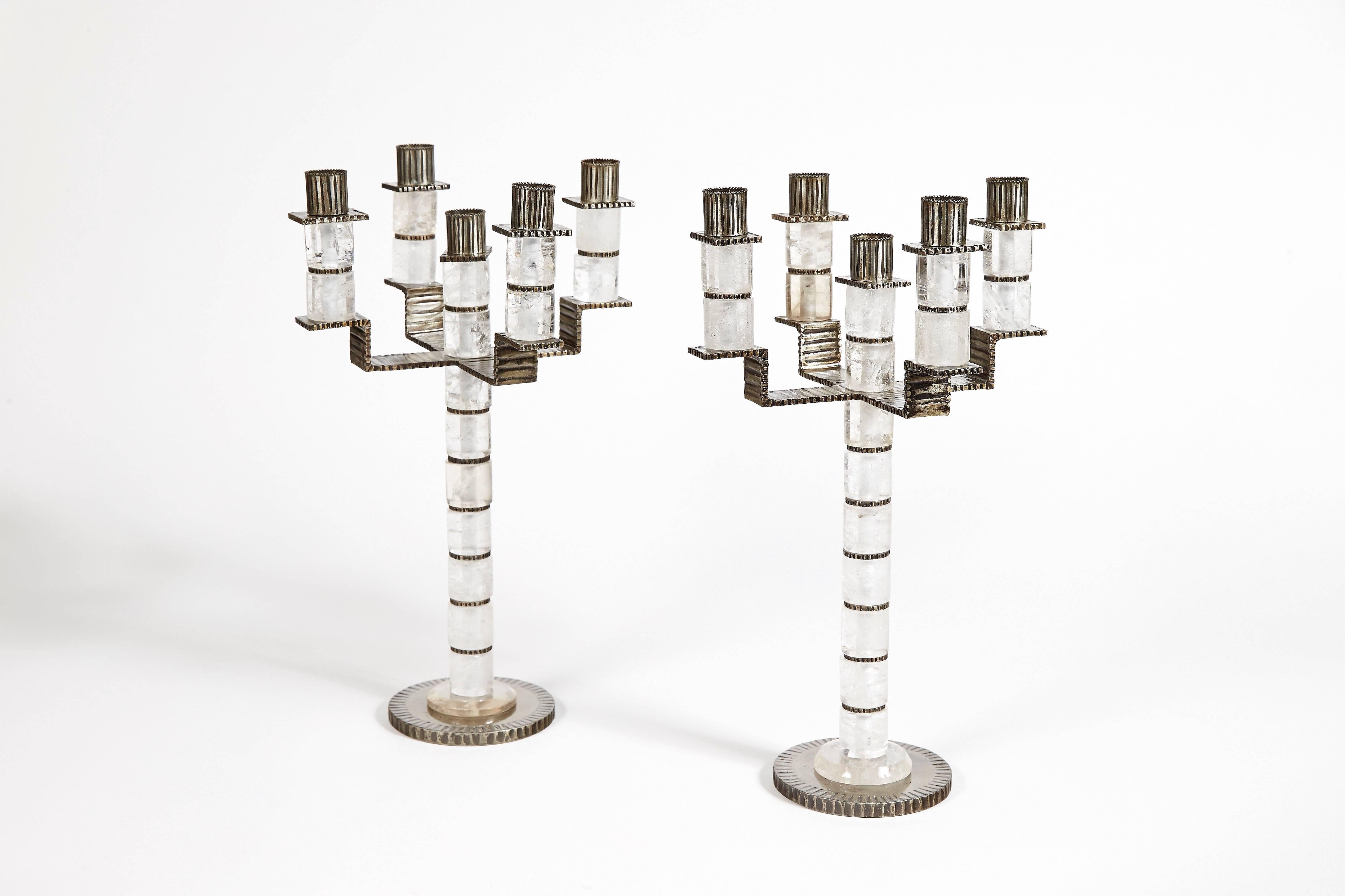 A Pair of Five Branches Candelabra, 2003
Eighteen elements in rock crystal, spacers and base in hammered wrought iron