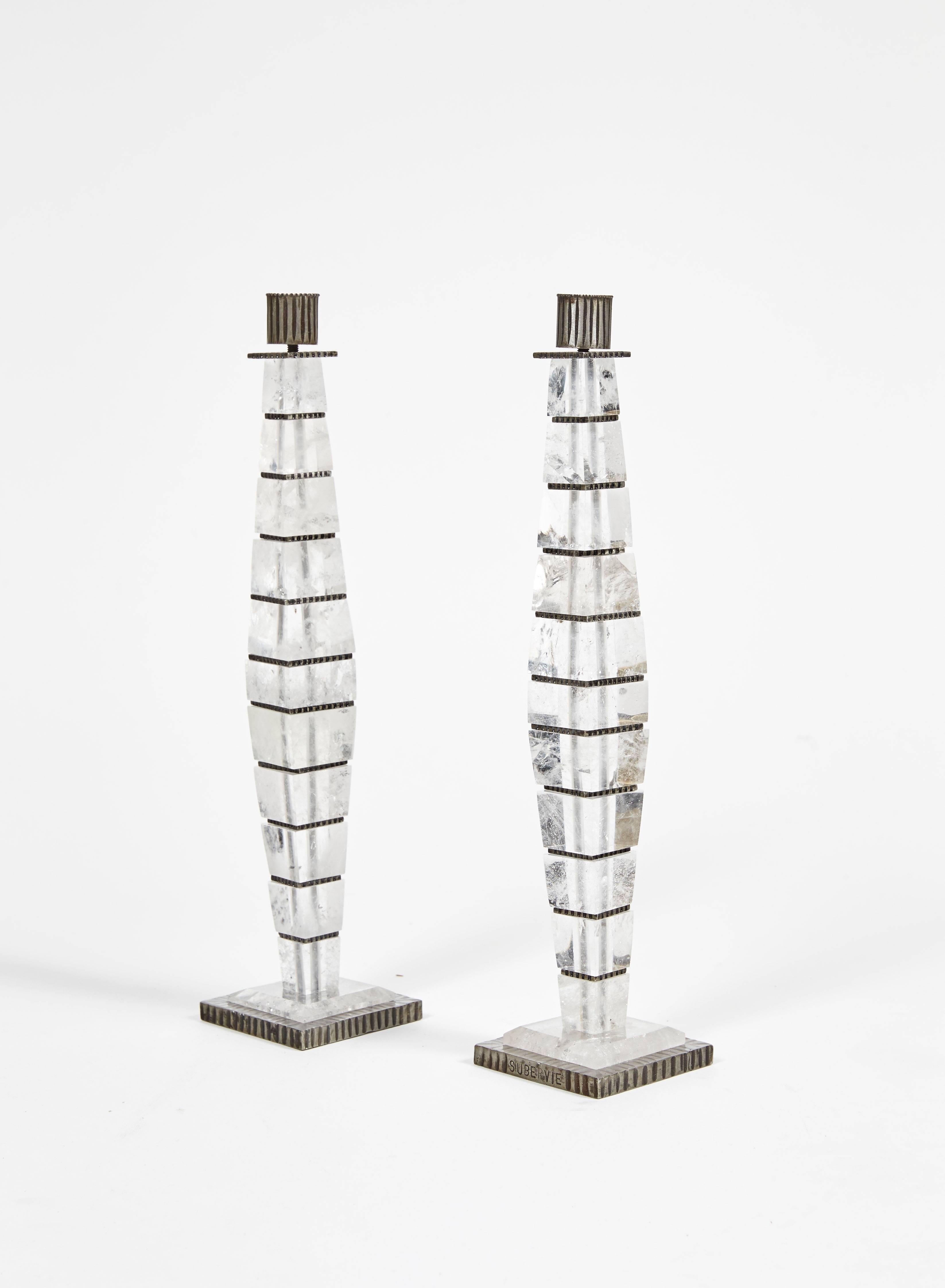 A Pair of Square Candlesticks, 2003
Twelve elements in rock cristal, spacers and base in hammered wrought iron
