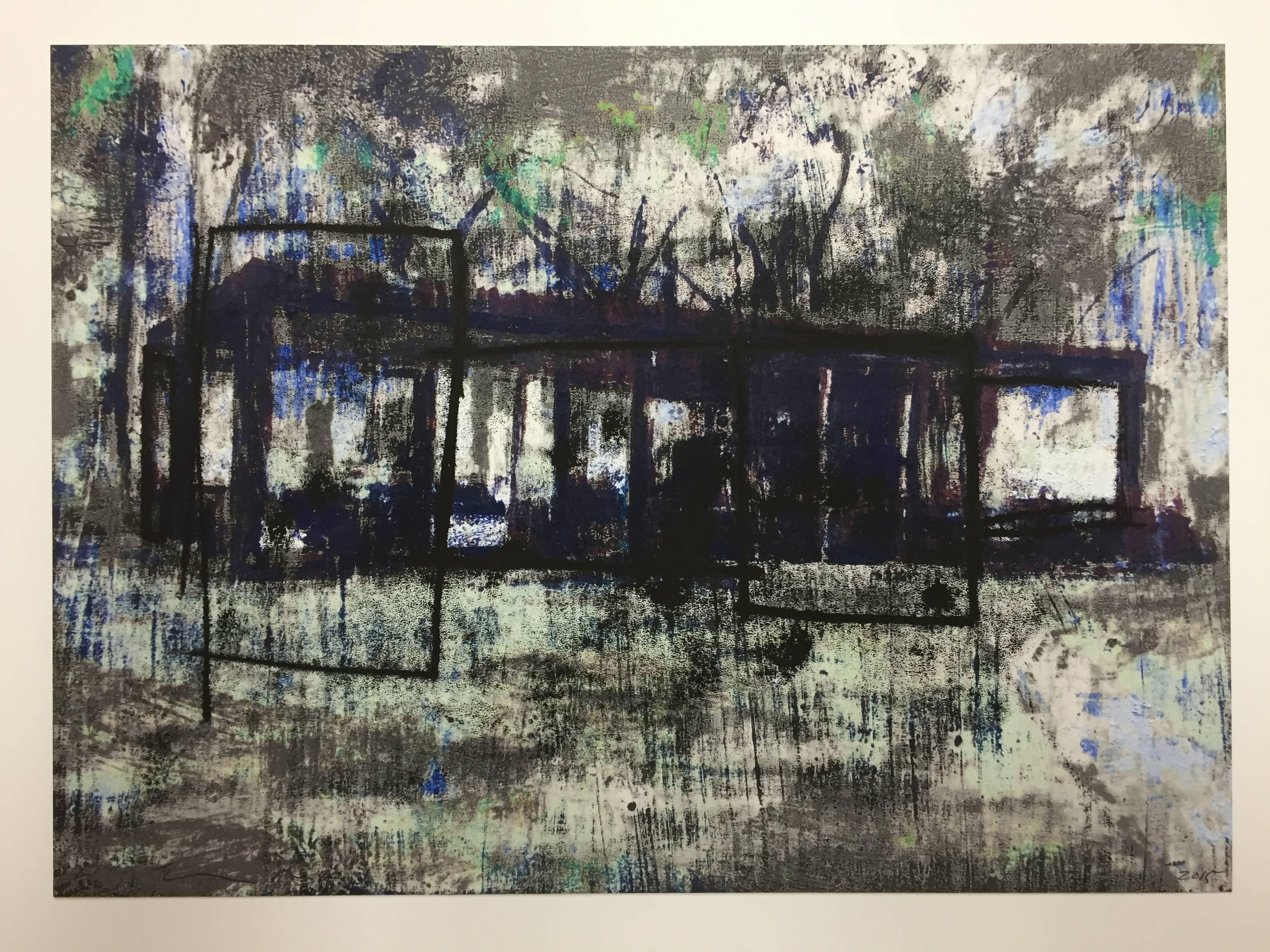 Enoc Perez.
Glass house, I (blue), I (yellow), III (gray), 2015.
Unique drawing with block ink on printed archival pigment inks on Crane Museo Max 365 gsm paper
Measures: 11 x 15.25 inches (each image)
Signed and dated, recto; numbered,
