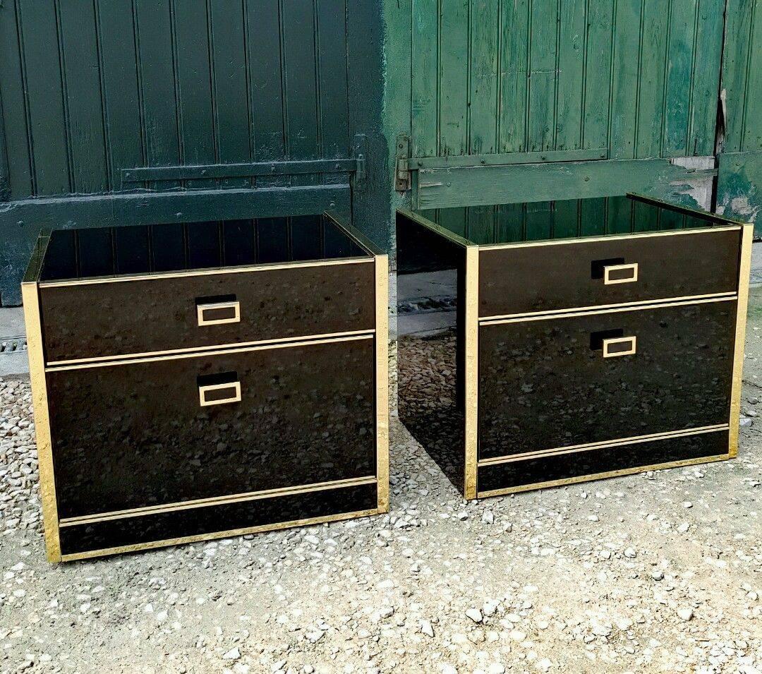 French Pair of Black Lacquer and Brass End Tables for Simat, France, circa 1970