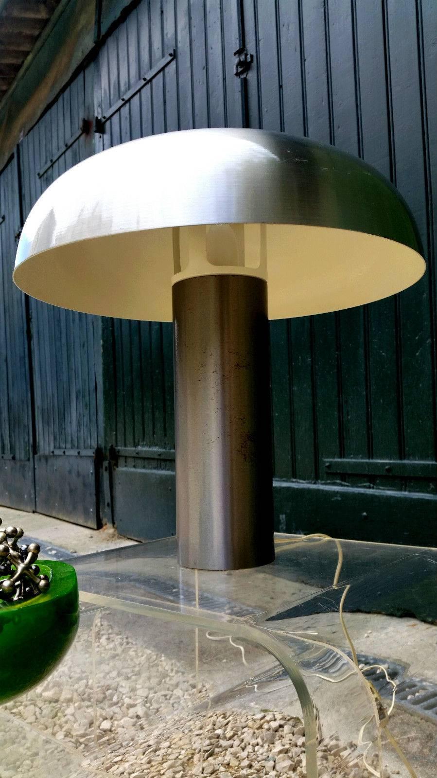 Italian Space Age Brush Aluminum Table Lamp Attributed to Harvey Guzzini, 1970s
