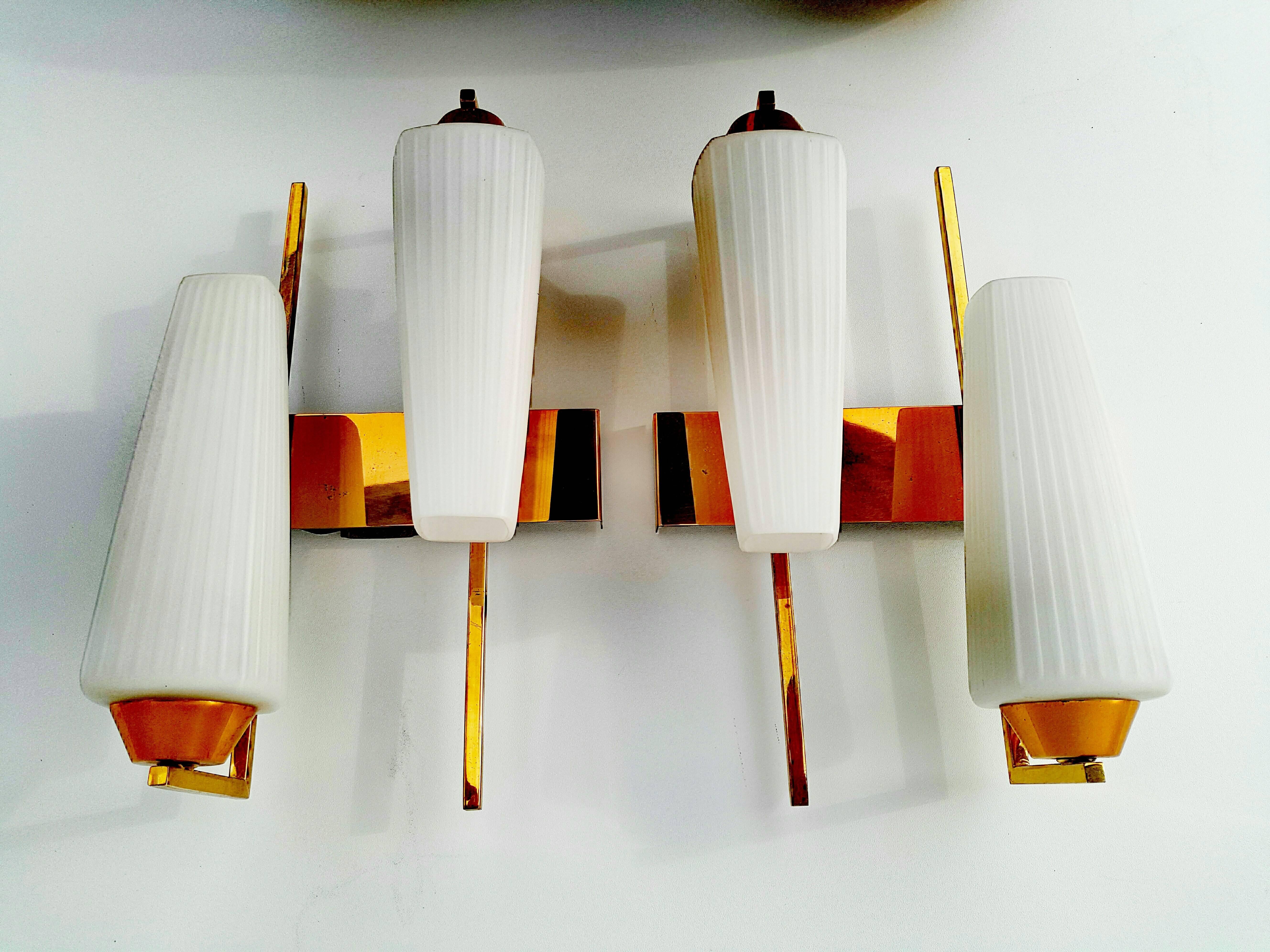 Rare Pair of 1950s Asymmetrical Sconces by Maison Arlus For Sale 3