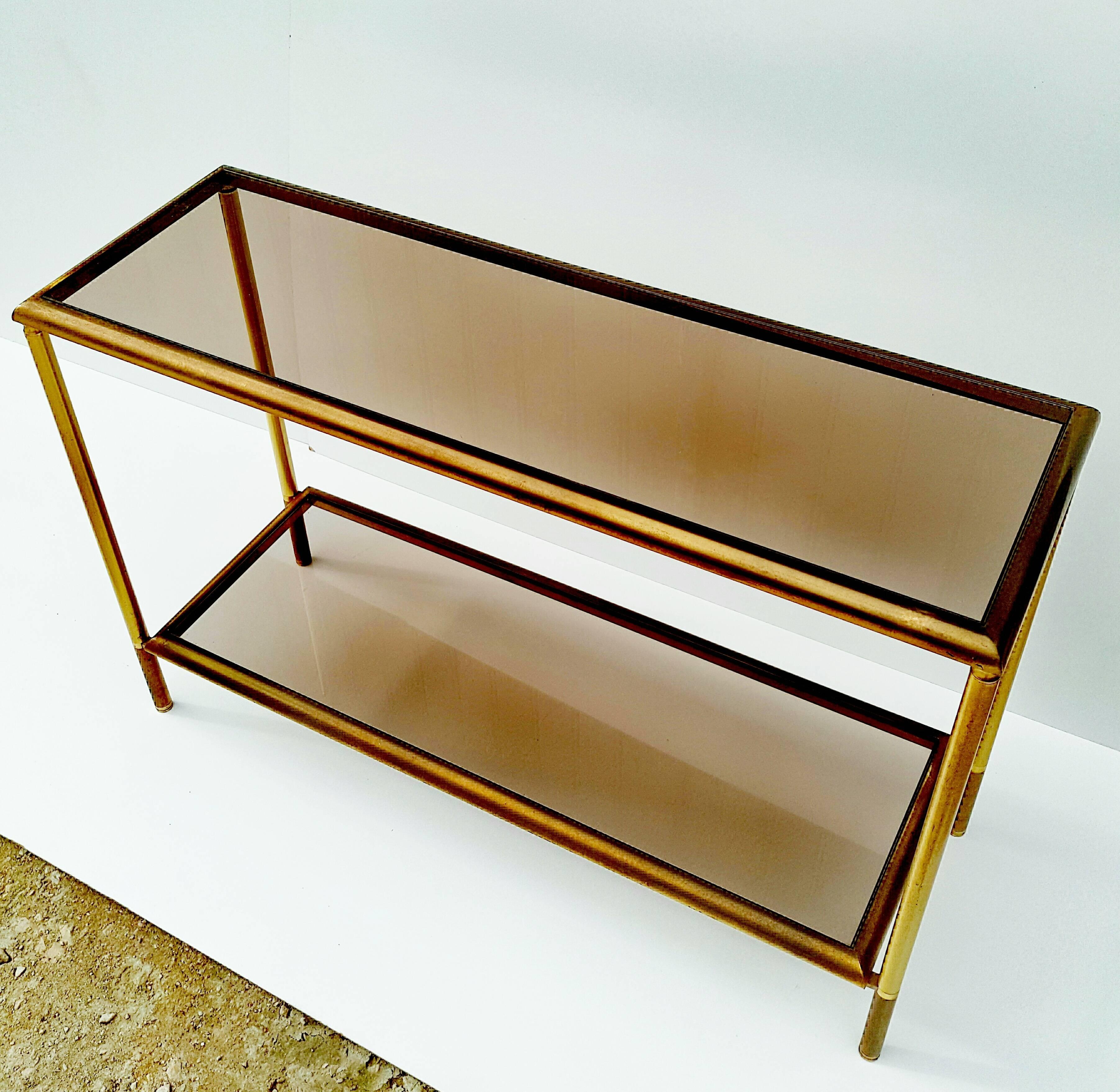 French Brass Console Table with Smoked Glass, 1960s 1