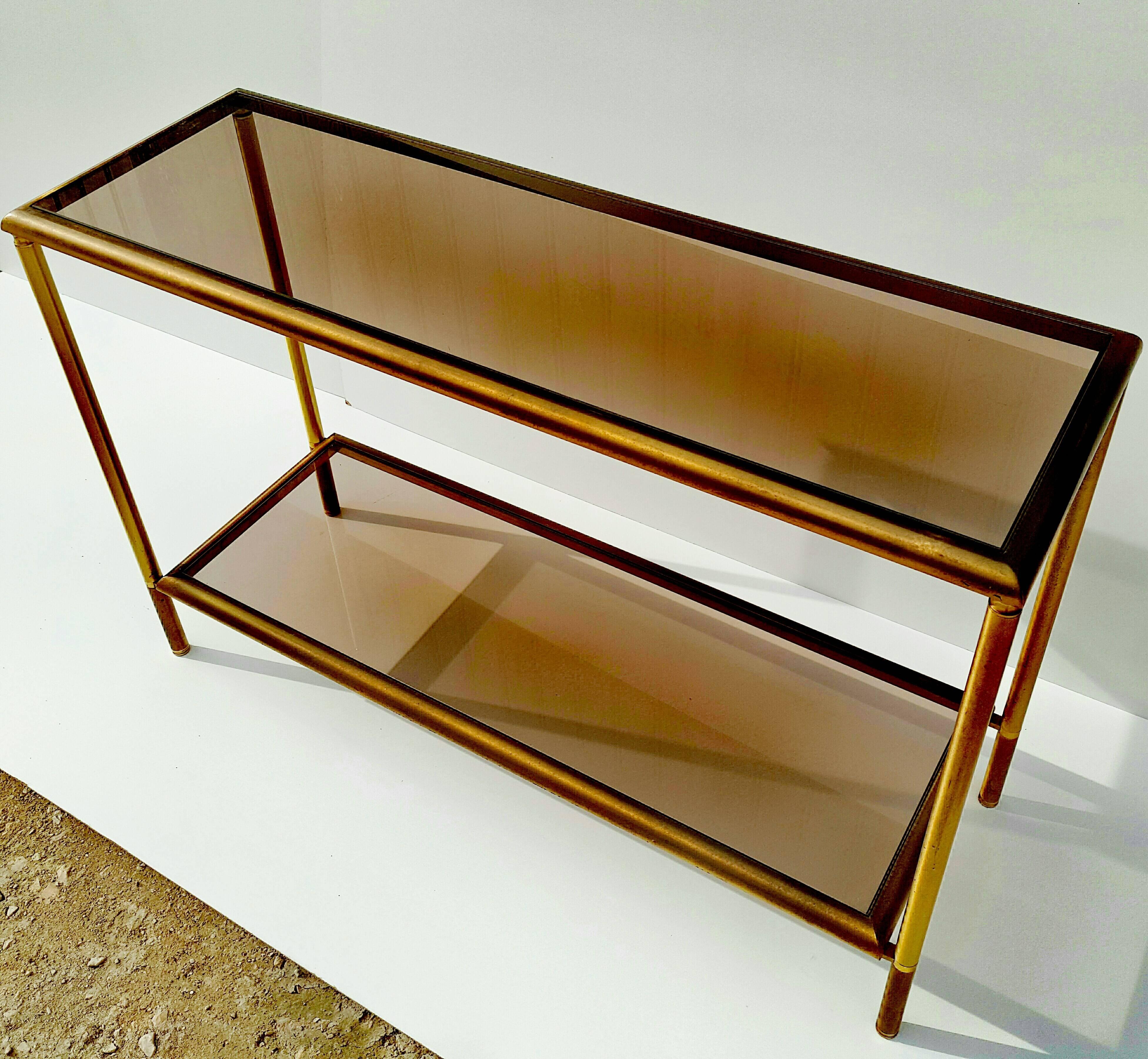 French Brass Console Table with Smoked Glass, 1960s 3