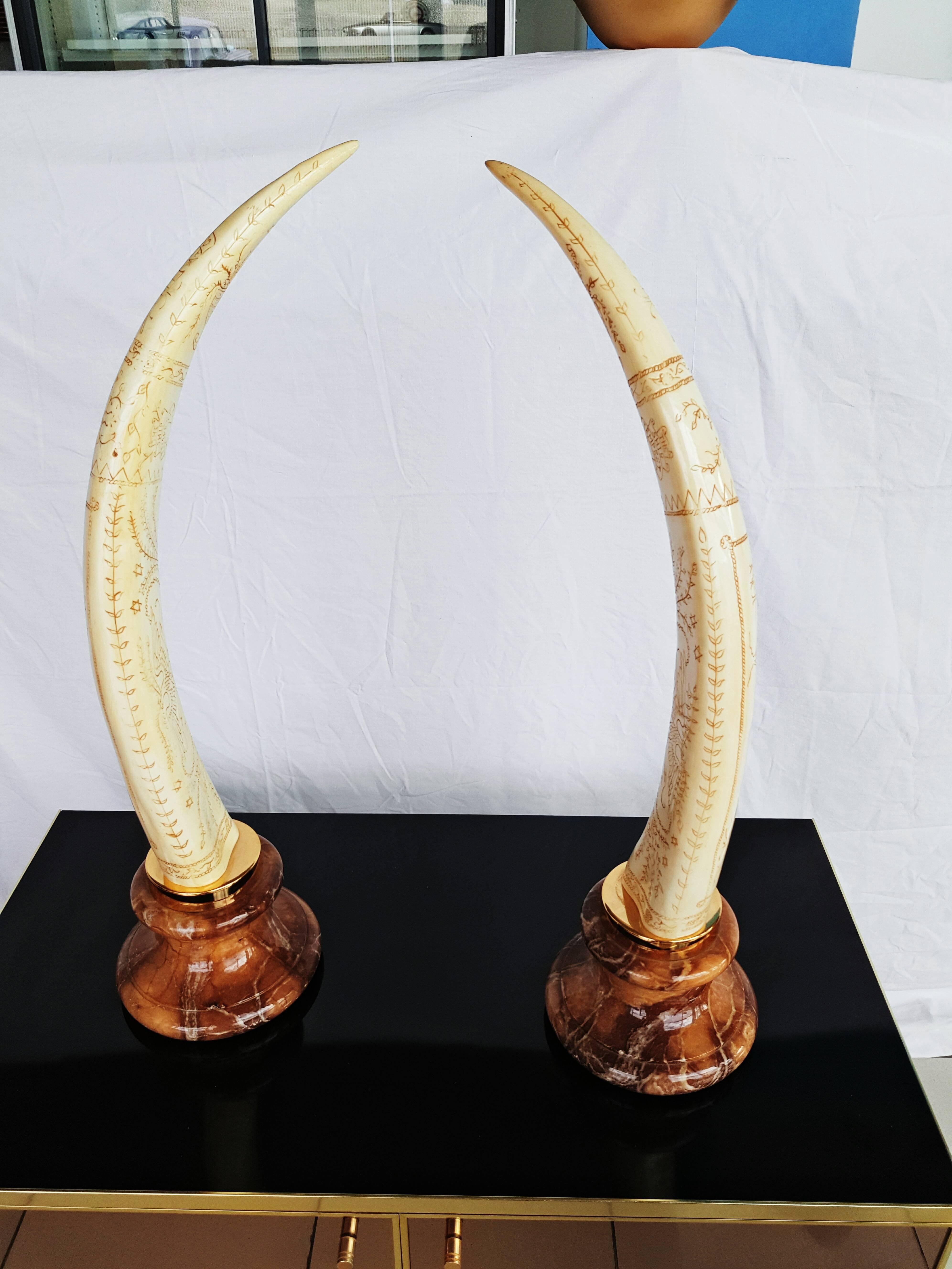 Brass Pair of Vintage Resin Elephant Tusks, 1970s