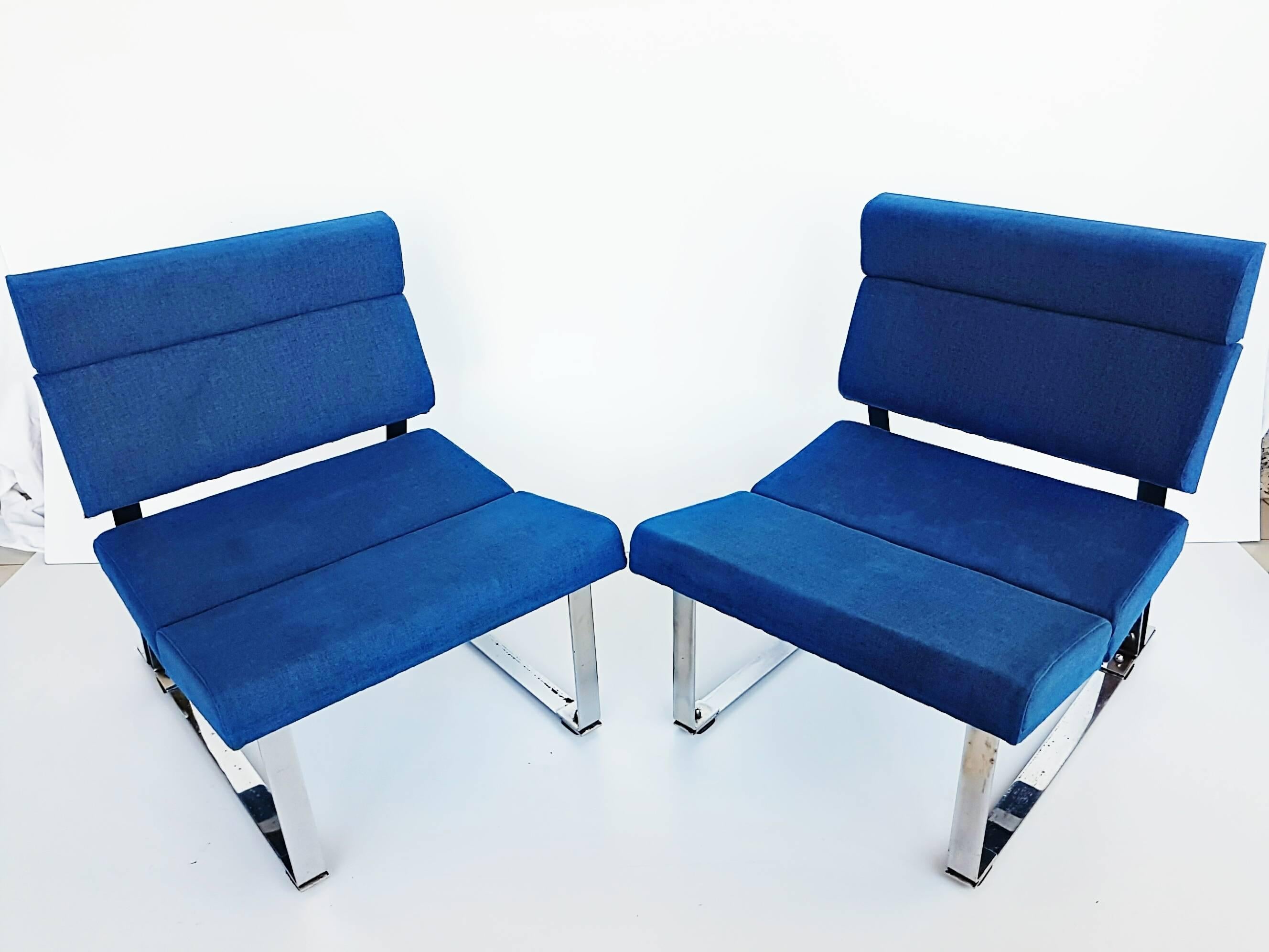 Rare and beautiful pair of armless by Vives Spain in 1970. Original blue oil fabric in perfect vintage condition, new foam. Architectural chrome metal structure.