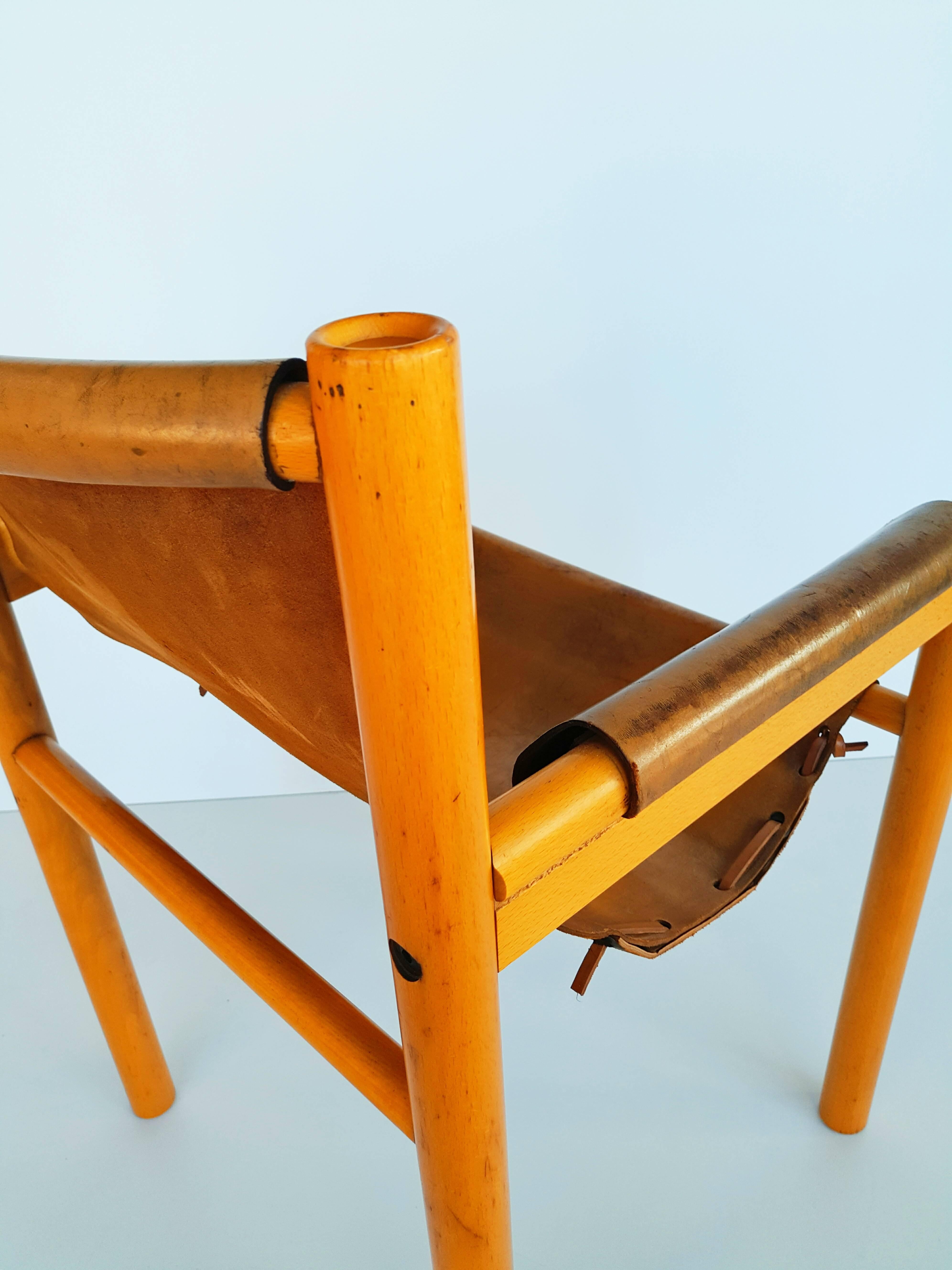 Italian Camel Brown Leather and Birchwood Armchair from Ibisco, 1970s