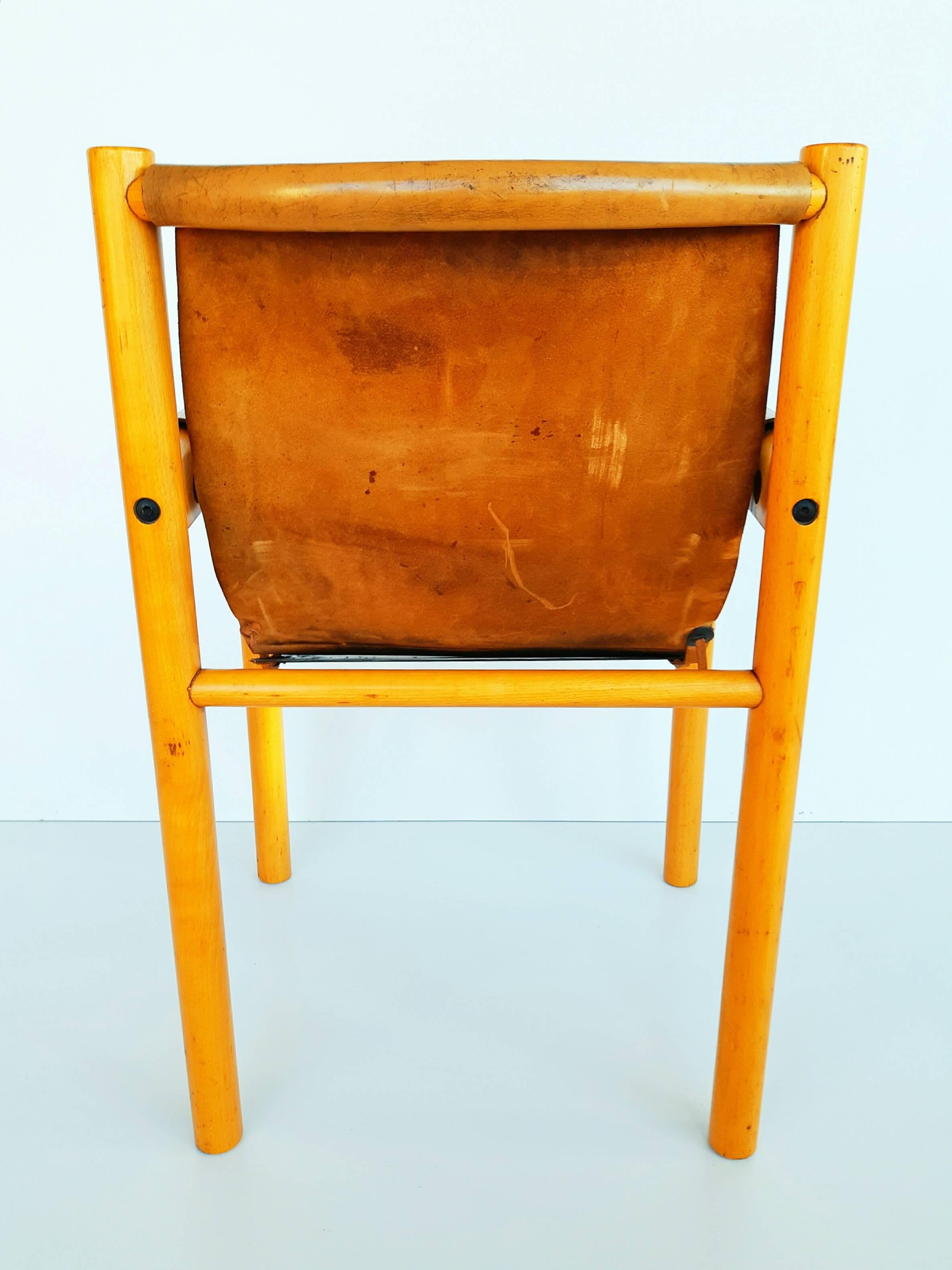 Camel Brown Leather and Birchwood Armchair from Ibisco, 1970s In Good Condition In L'Escala, ES