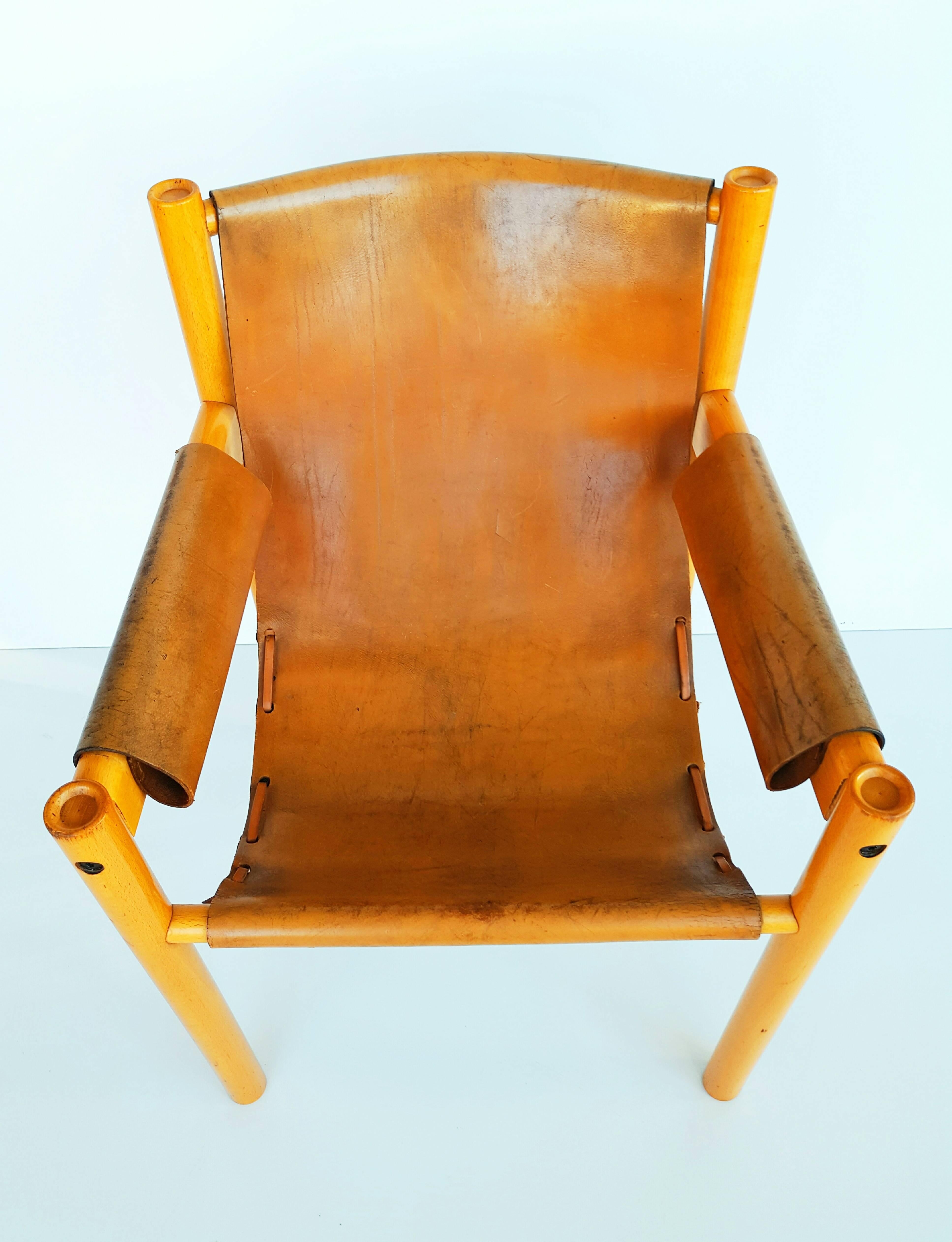 20th Century Camel Brown Leather and Birchwood Armchair from Ibisco, 1970s