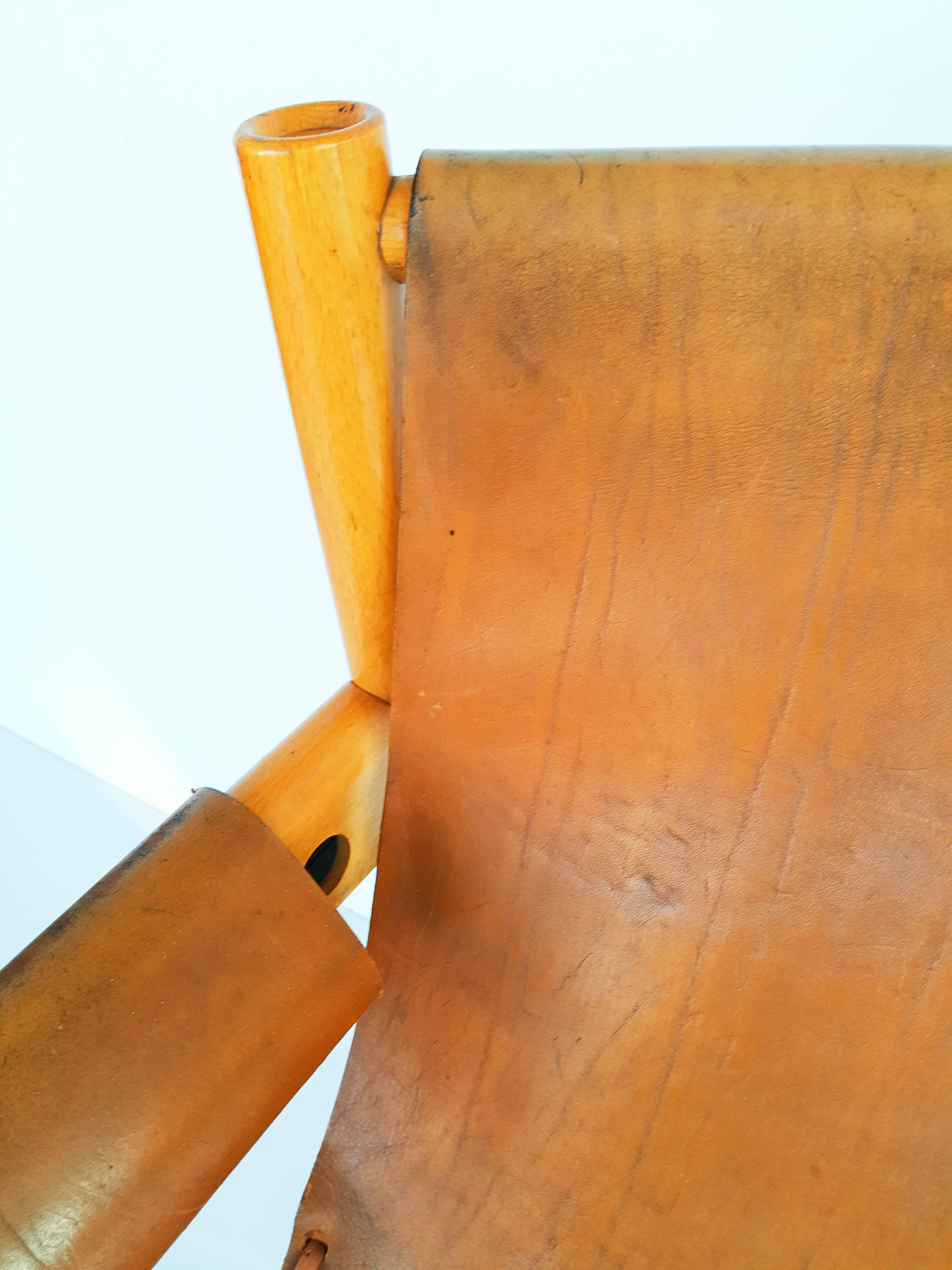 Camel Brown Leather and Birchwood Armchair from Ibisco, 1970s 3