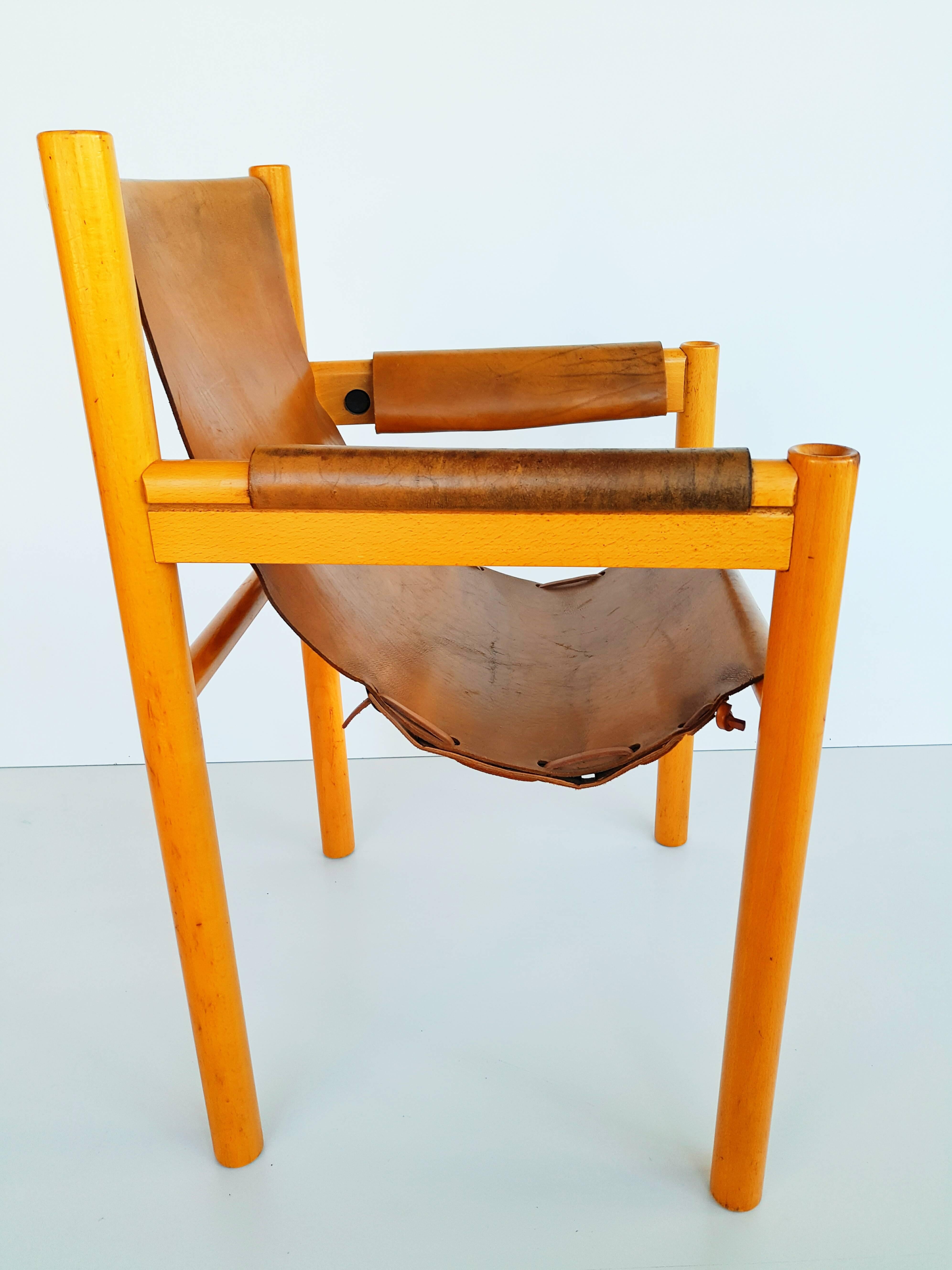 Camel Brown Leather and Birchwood Armchair from Ibisco, 1970s 4