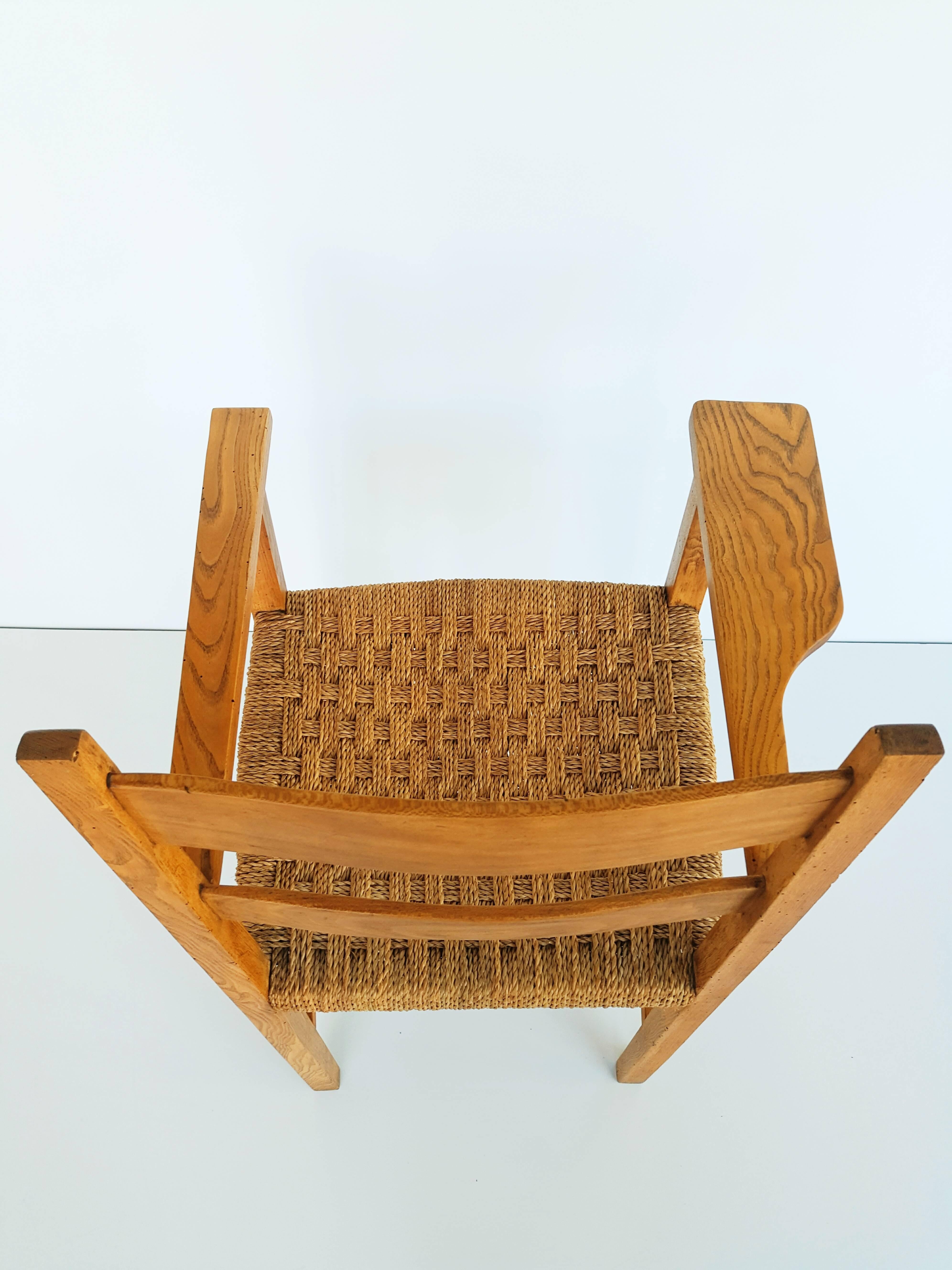 French 1950s Oak and Raffia Woven Armchair