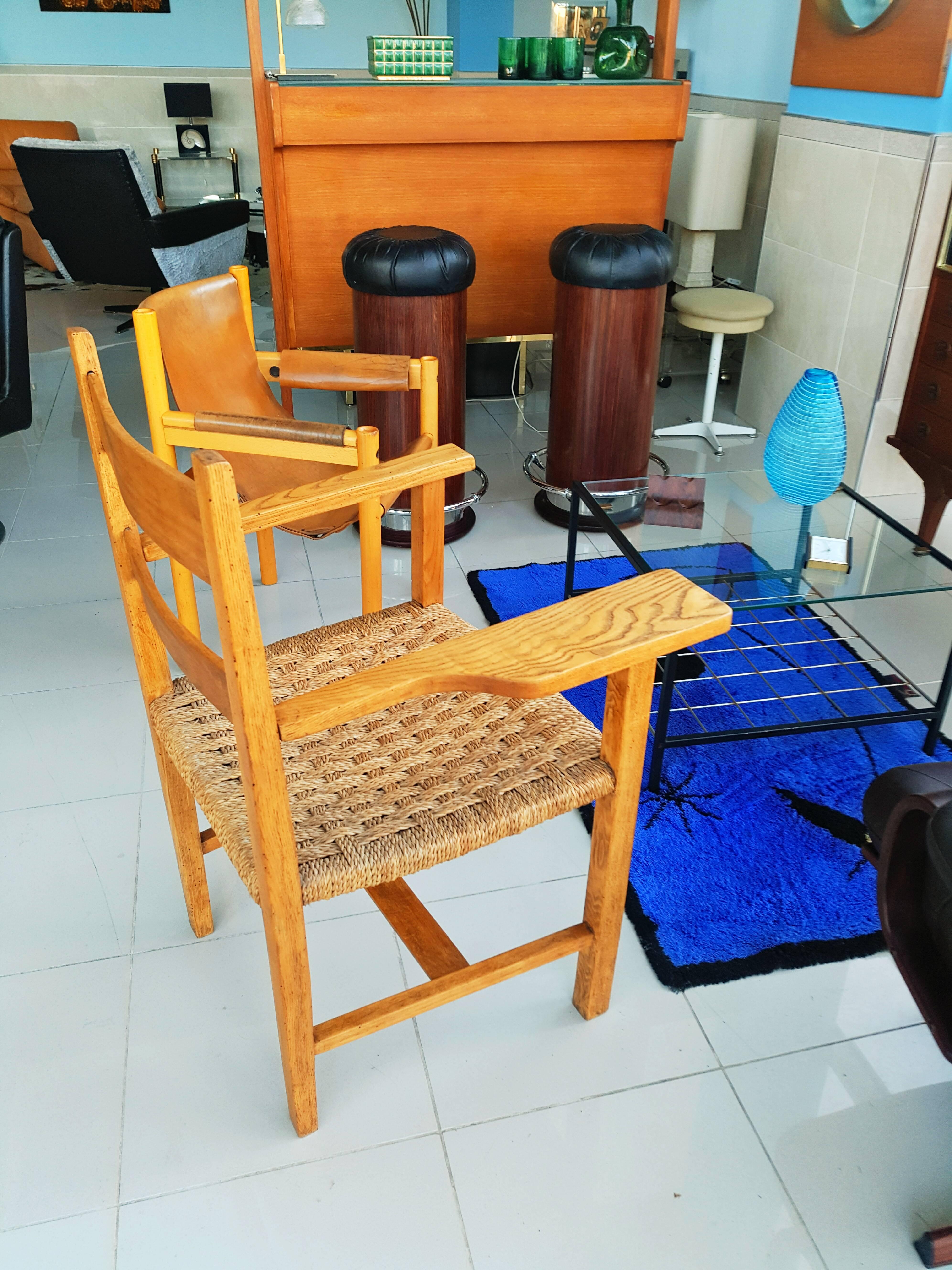 1950s Oak and Raffia Woven Armchair 1