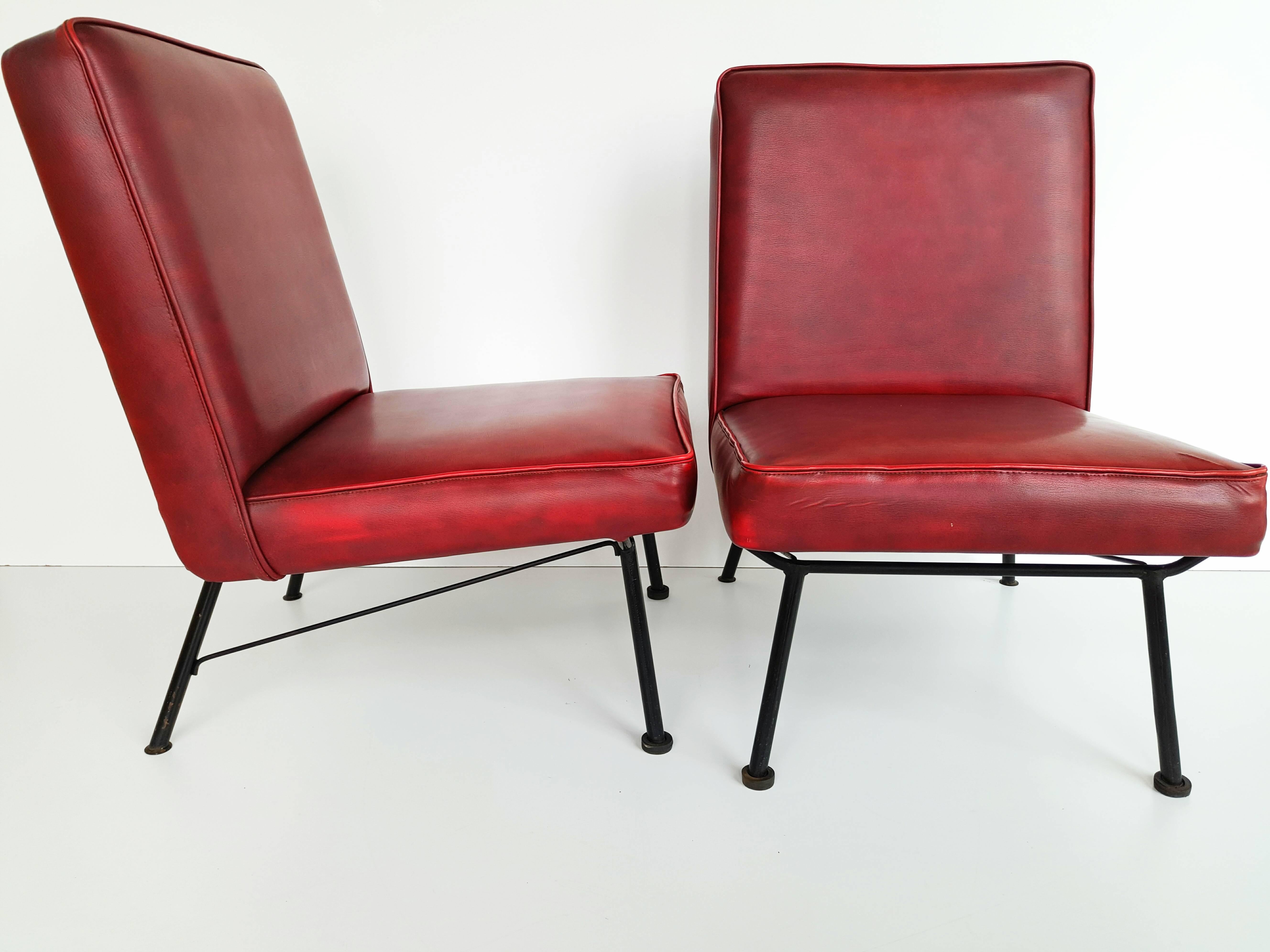 Faux Leather Pair of French Lounge Chairs, 1950s