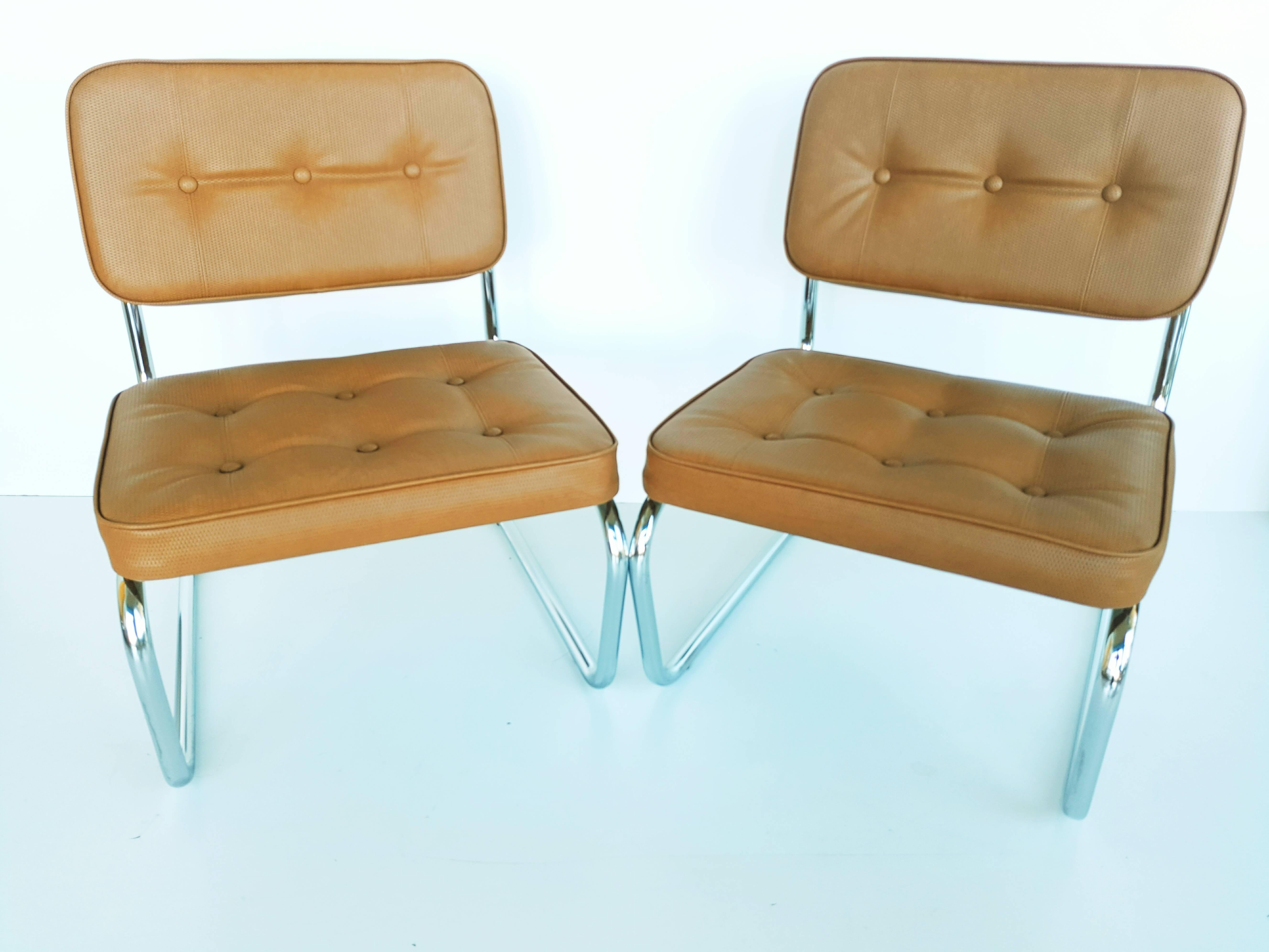 Chrome Pair of Tan Mb-Tex Lounge Chairs, circa 1970 For Sale