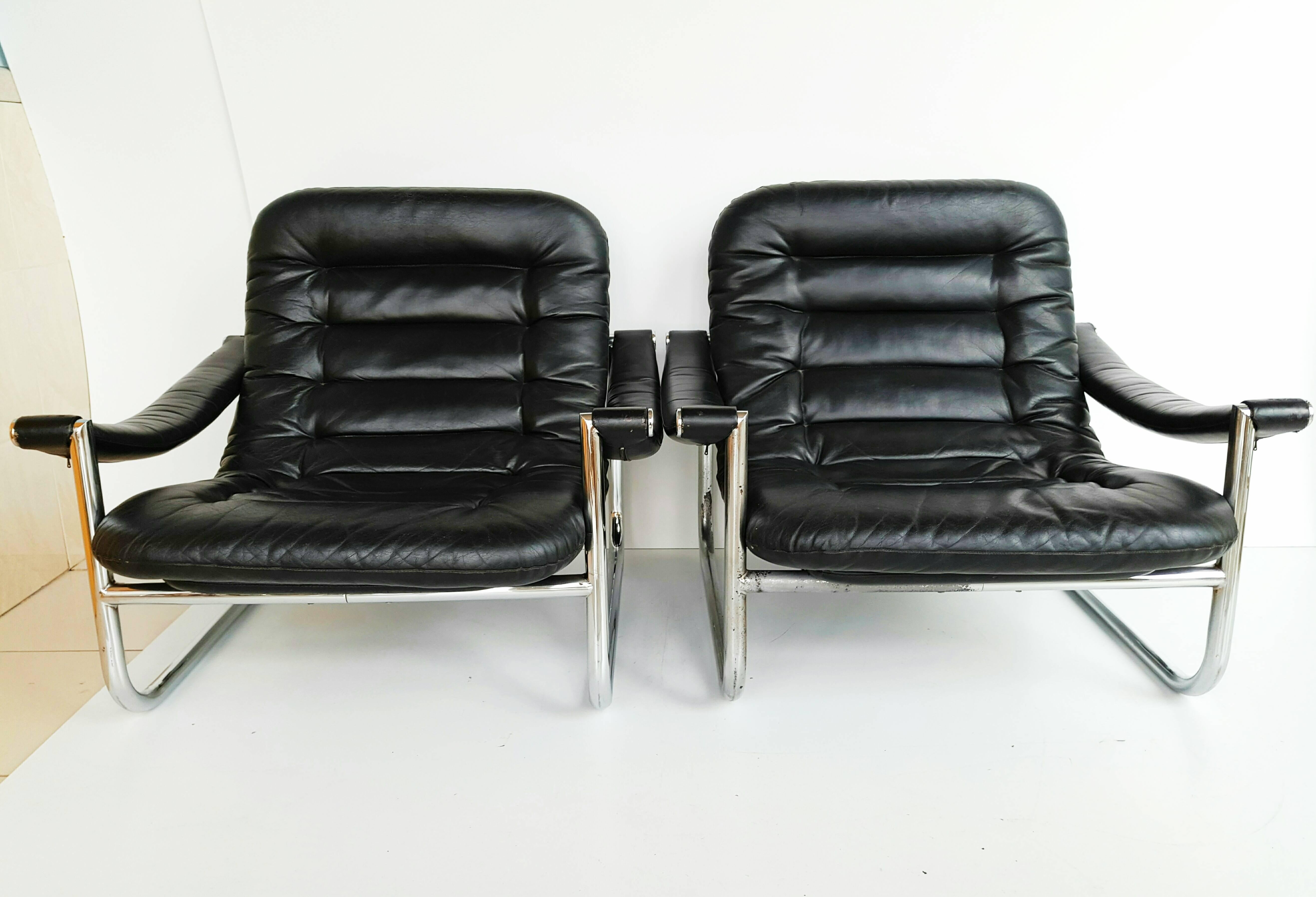 Faux Leather Rare Pair of Maga Lounge Chair, circa 1970