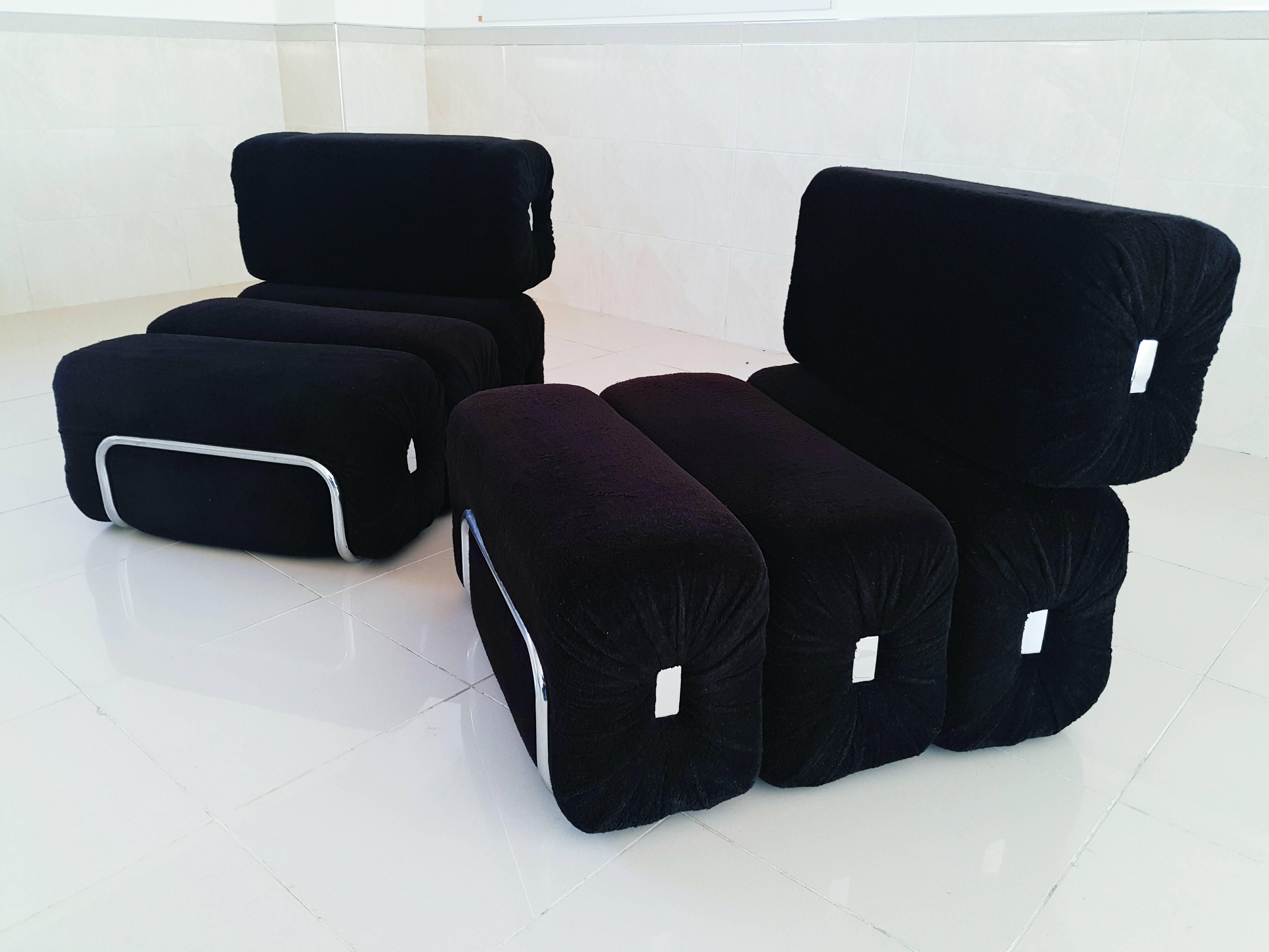 Rare and beautiful pair of French lounge armchairs manufactured in 1970s, in perfect vintage condition with black velvet original fabric and chrome tubular structure. Foam and fabric in perfect condition.