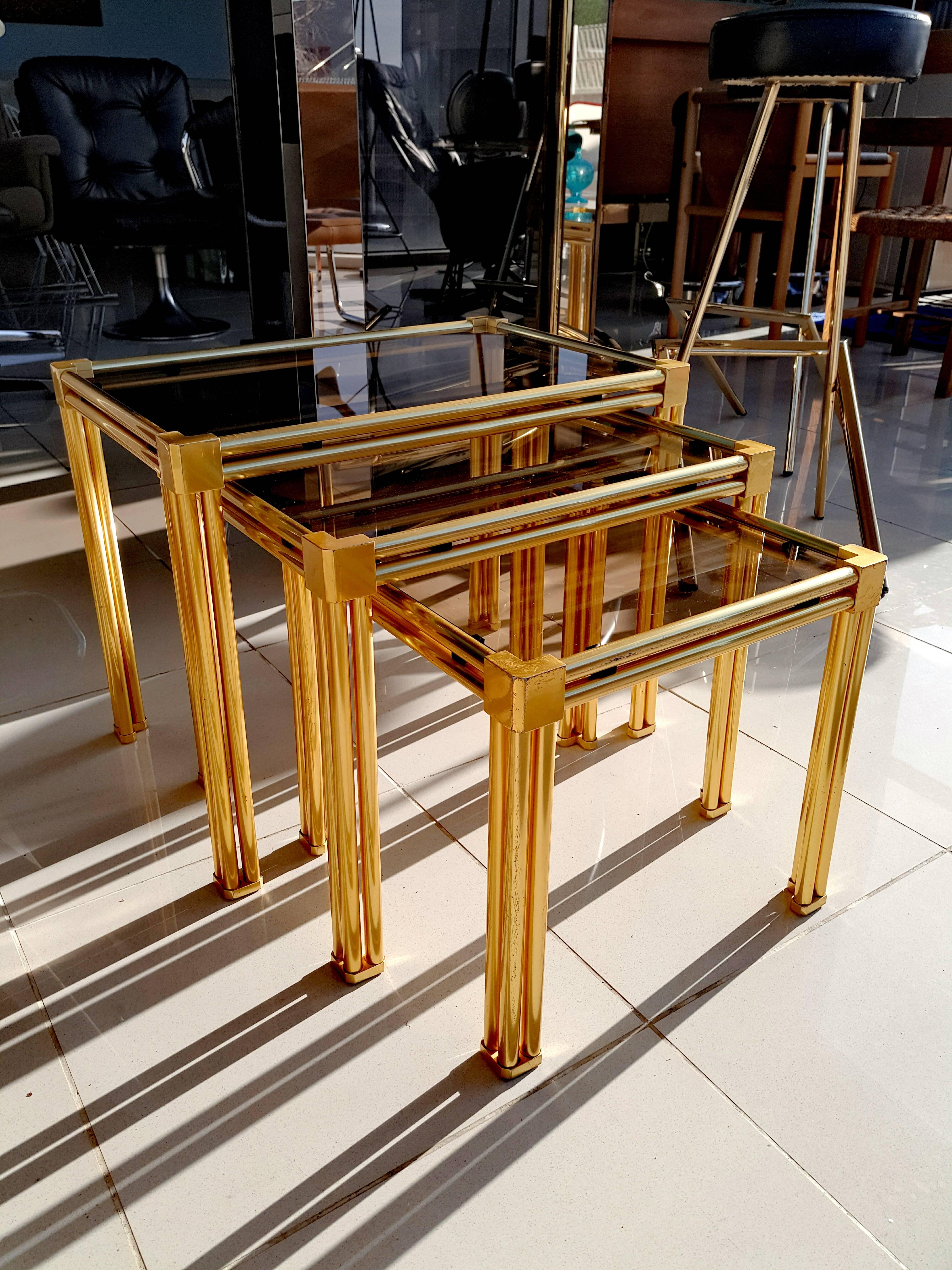 20th Century French Brass and Smoked Glass Nesting Tables, 1970s For Sale