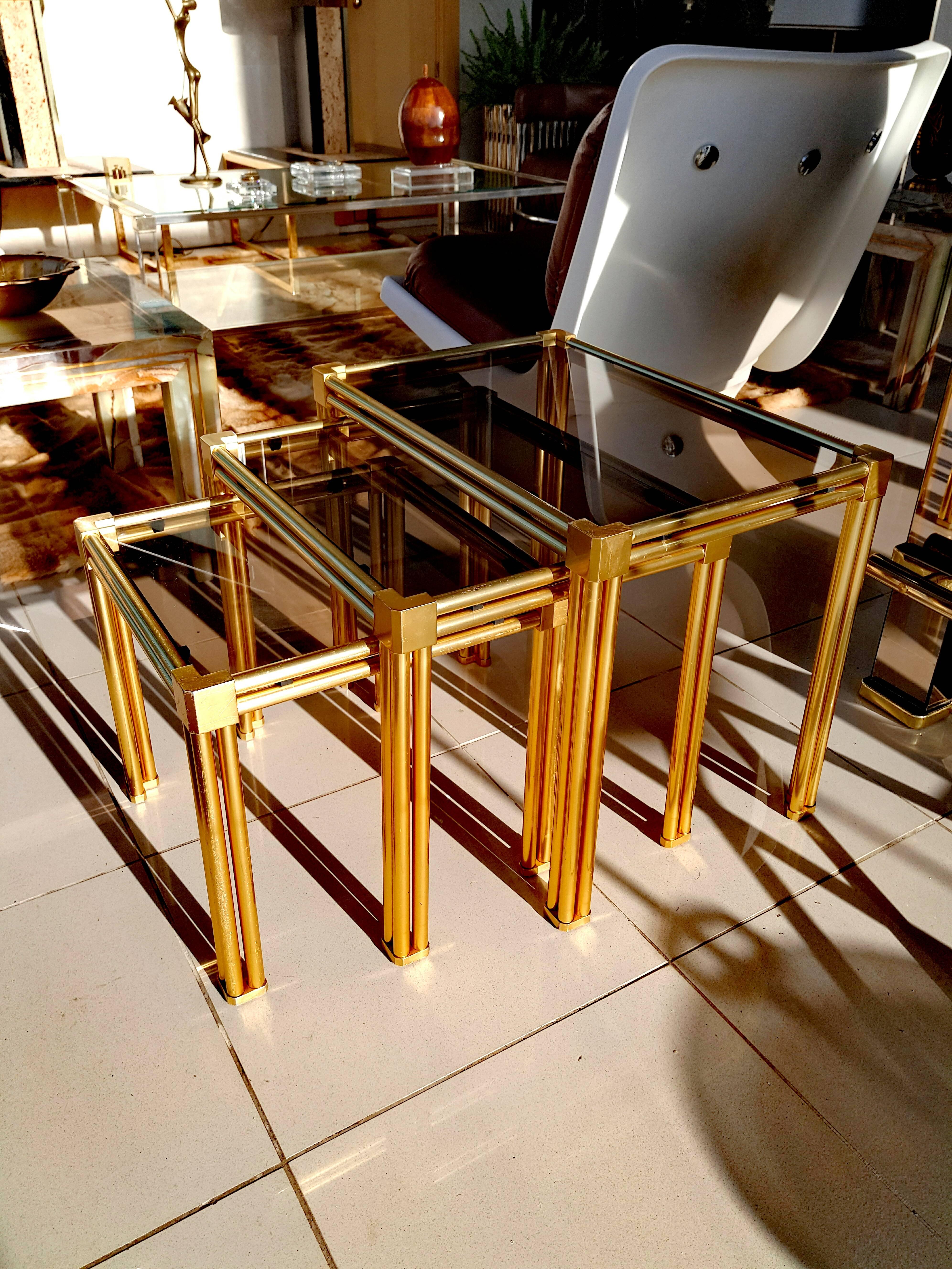 French Brass and Smoked Glass Nesting Tables, 1970s For Sale 1