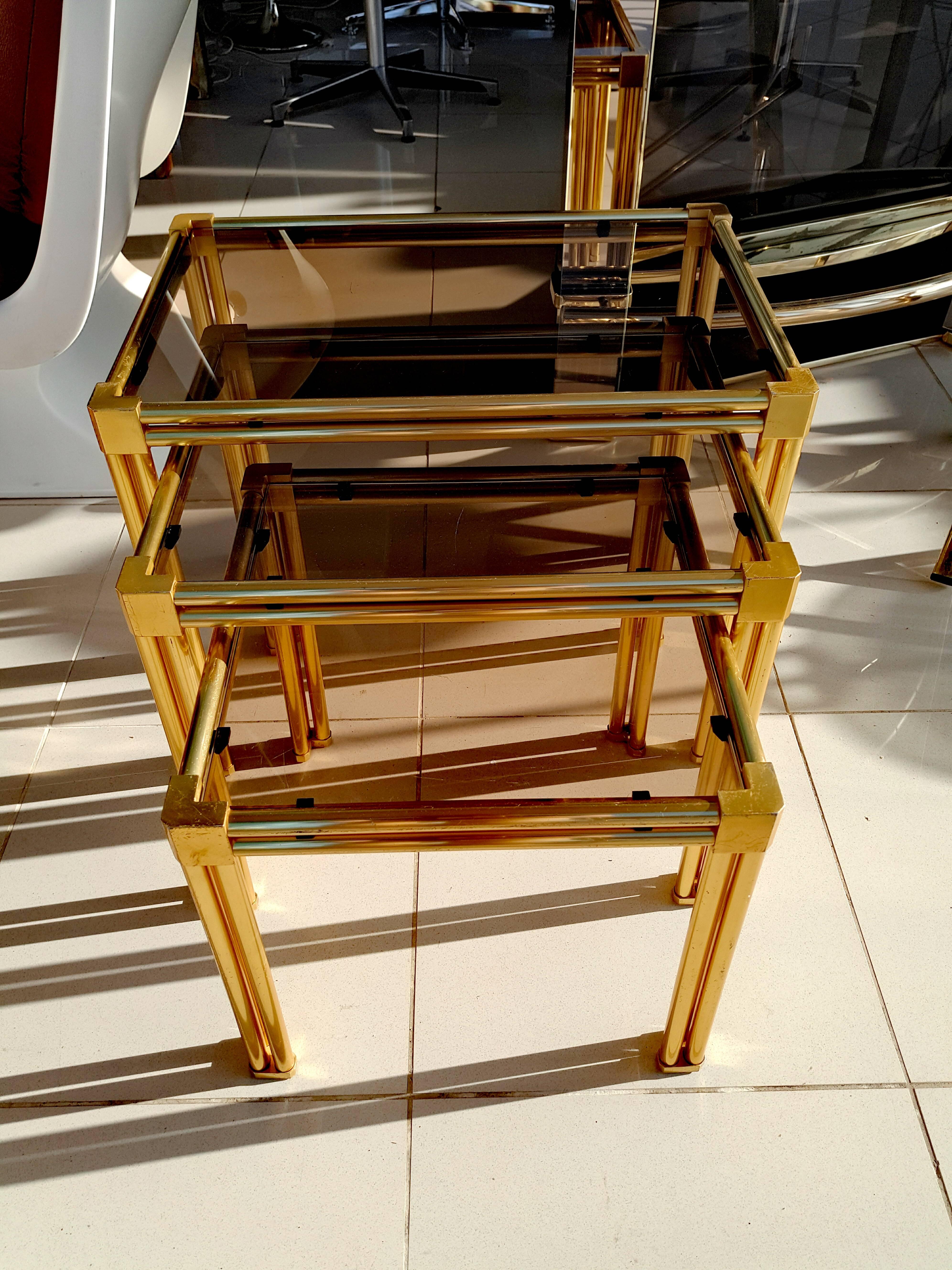 French Brass and Smoked Glass Nesting Tables, 1970s For Sale 2