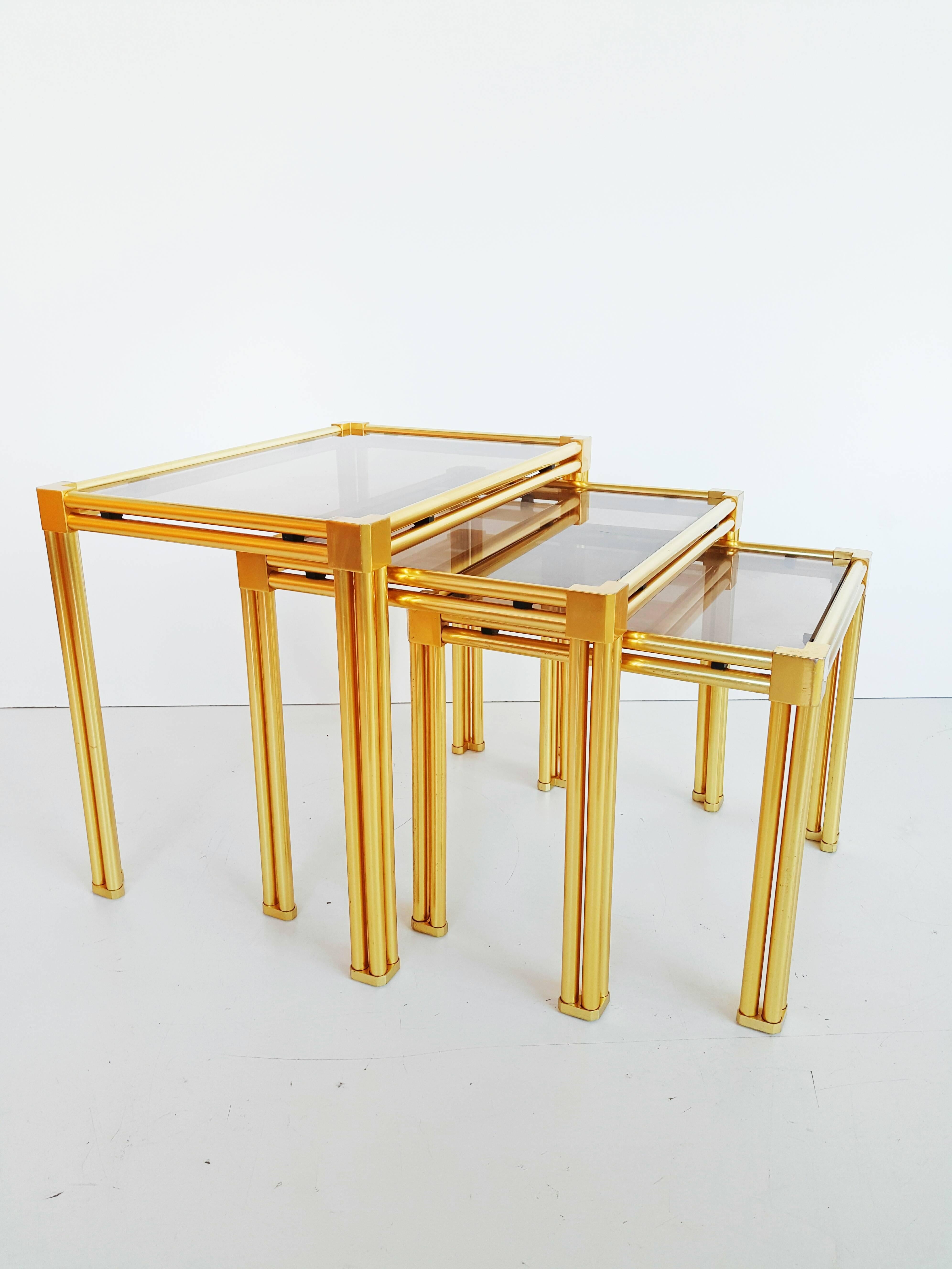 French Brass and Smoked Glass Nesting Tables, 1970s For Sale 3