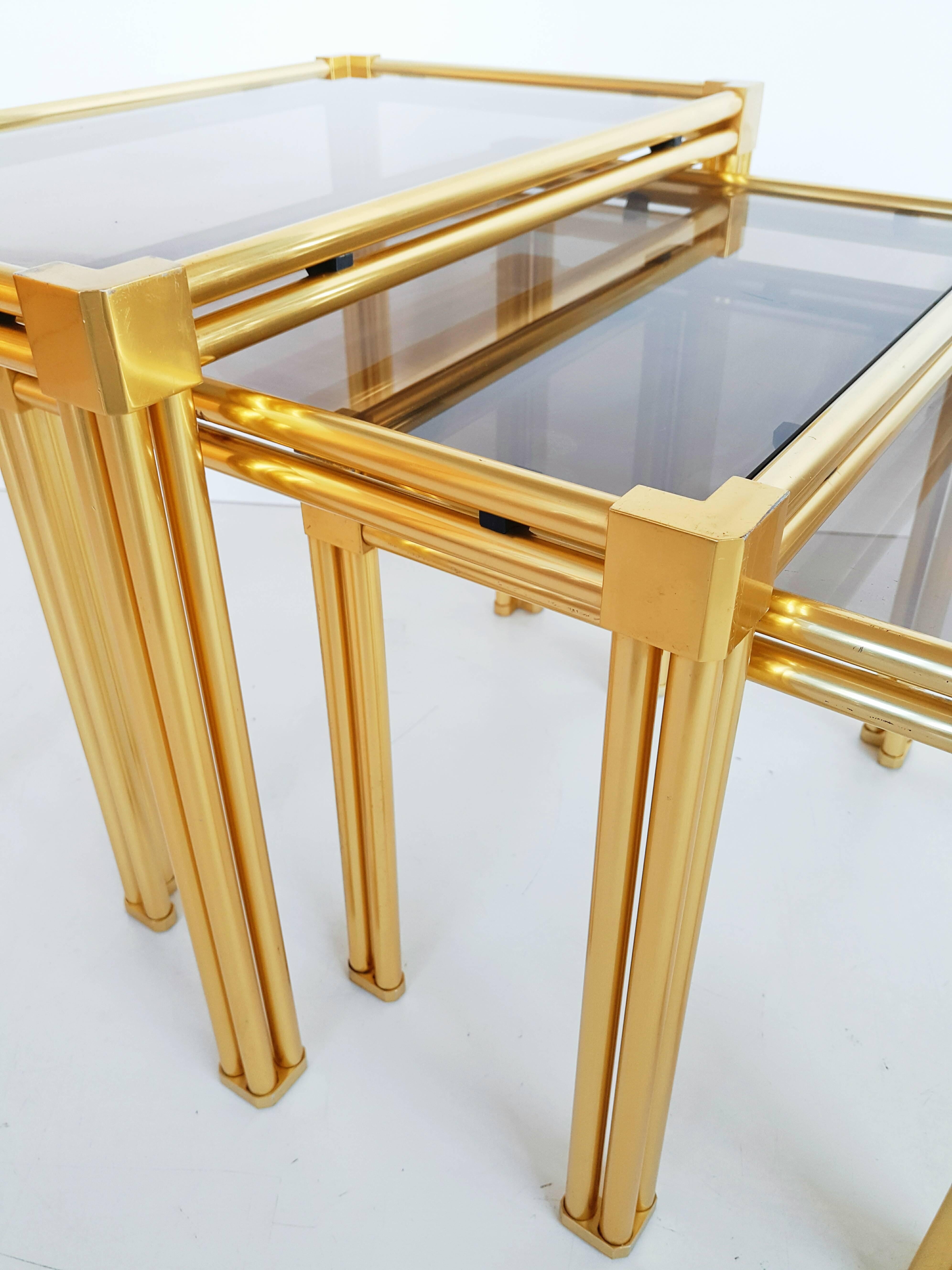 French Brass and Smoked Glass Nesting Tables, 1970s For Sale 5
