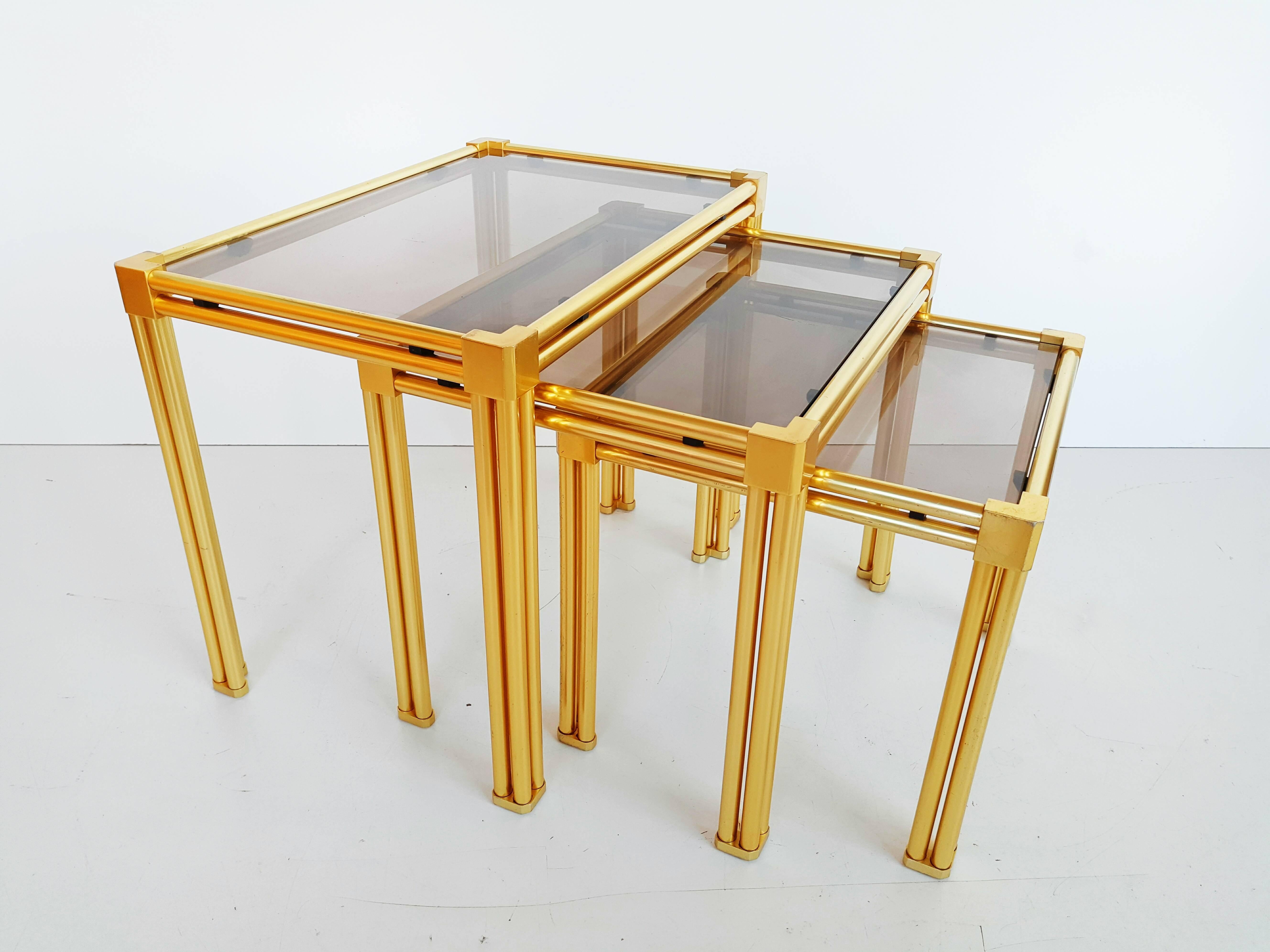 French Brass and Smoked Glass Nesting Tables, 1970s For Sale 6