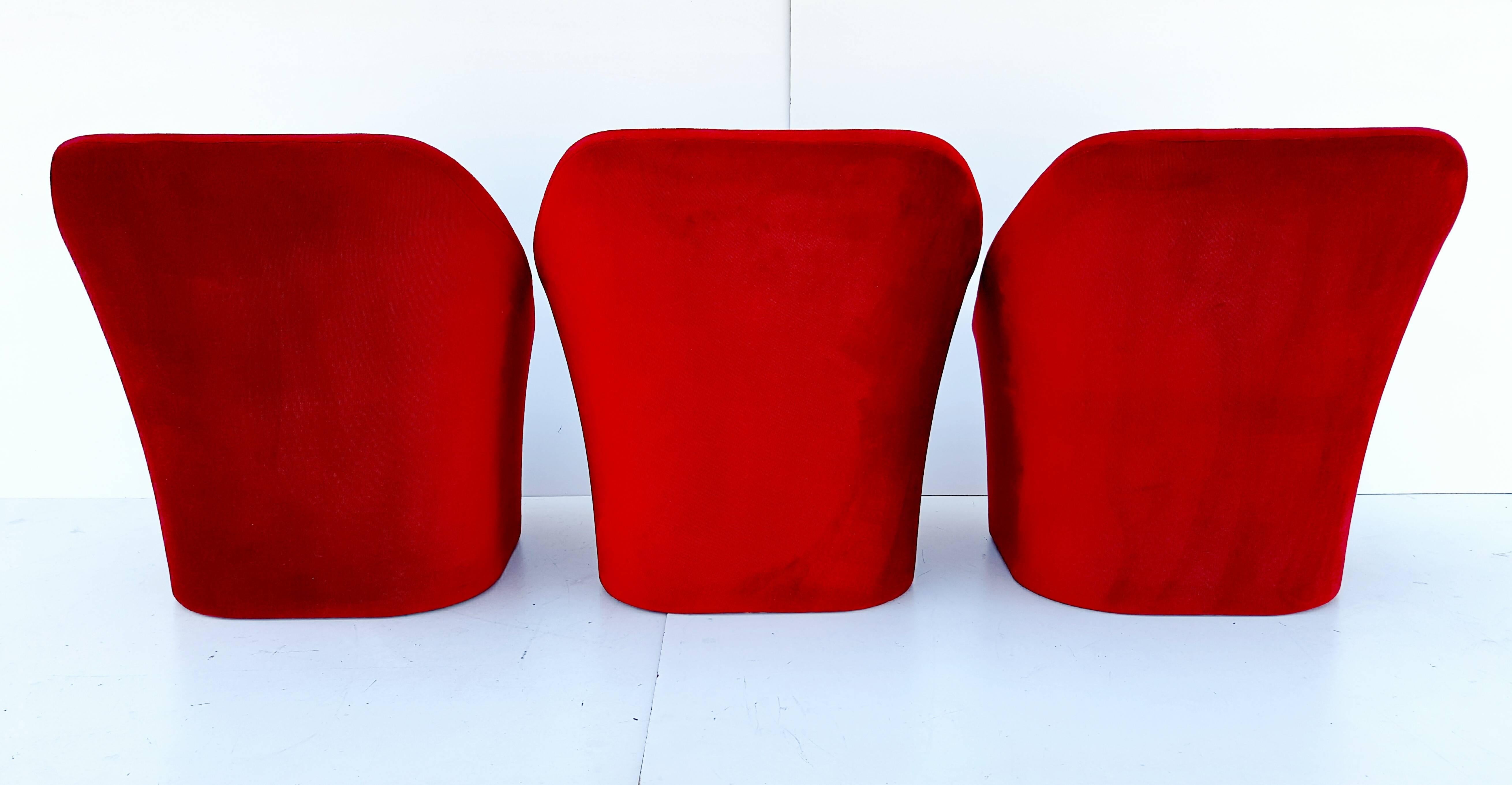 French Set of Three Ruby Velvet Lounge Chairs, circa 1970
