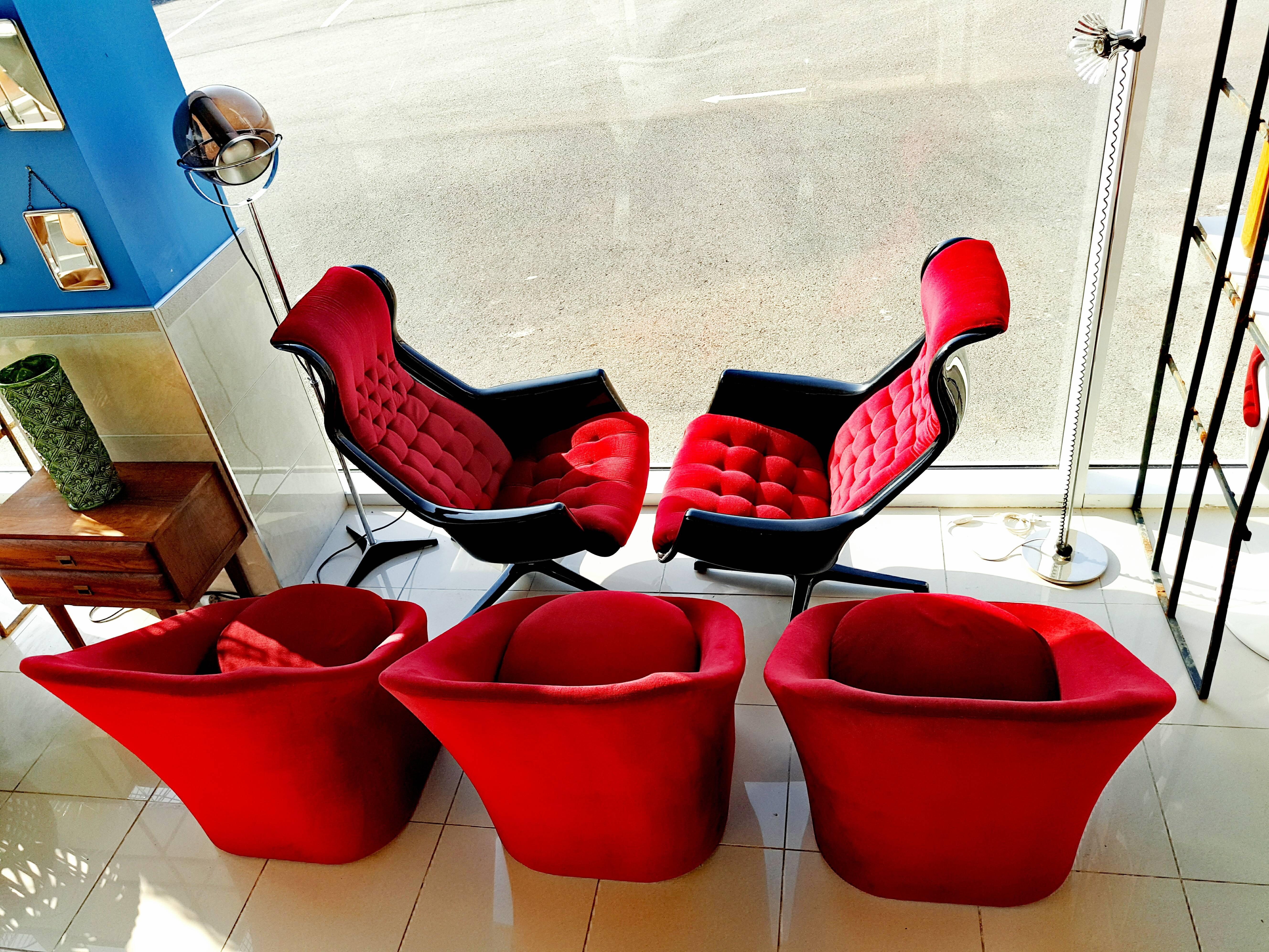 Set of Three Ruby Velvet Lounge Chairs, circa 1970 5