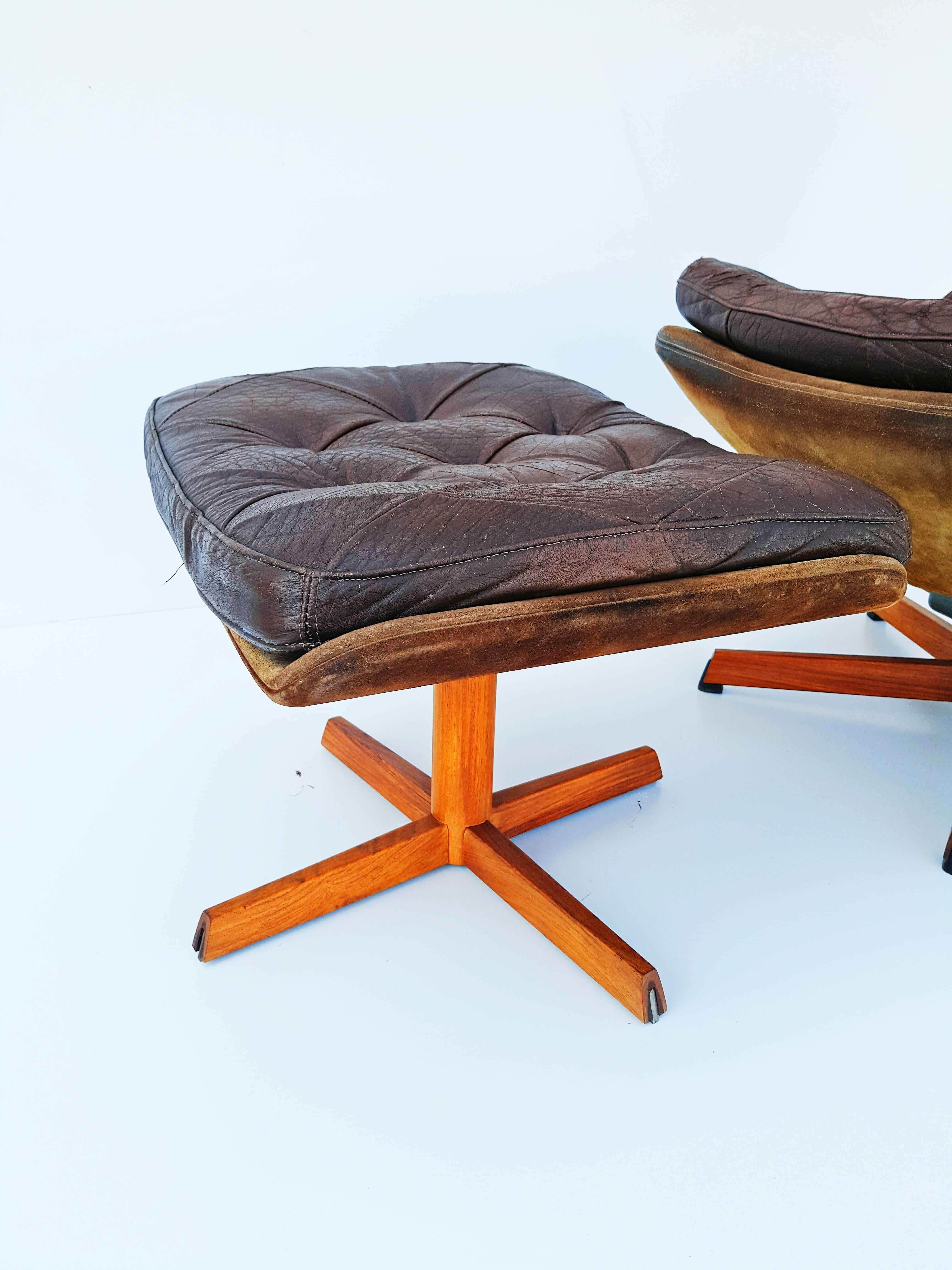 Teak Danish Leather Swivel Lounge Chair MS68 with Ottoman by Madsen & Schübel, 1960s