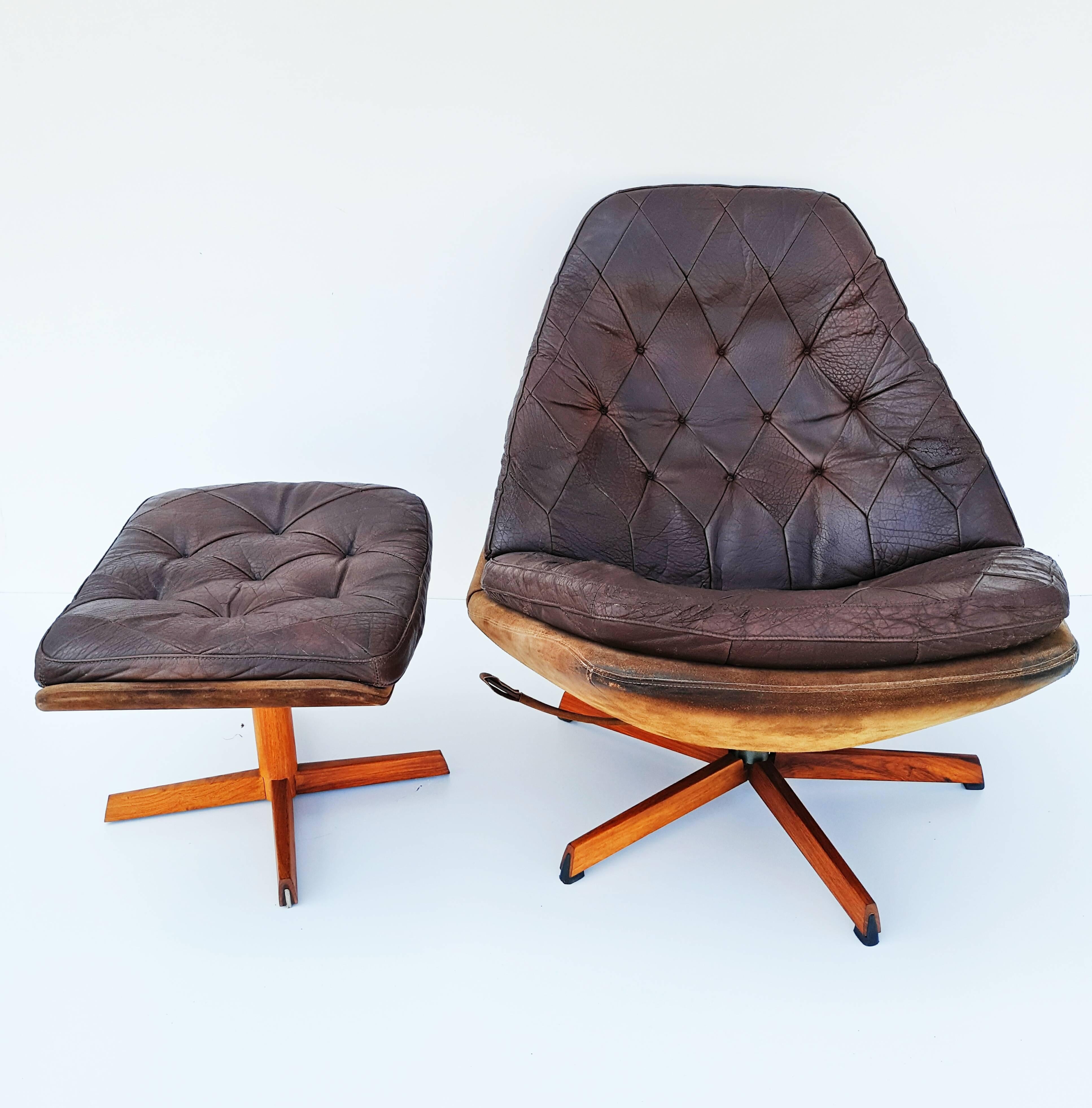 Danish Leather Swivel Lounge Chair MS68 with Ottoman by Madsen & Schübel, 1960s 1