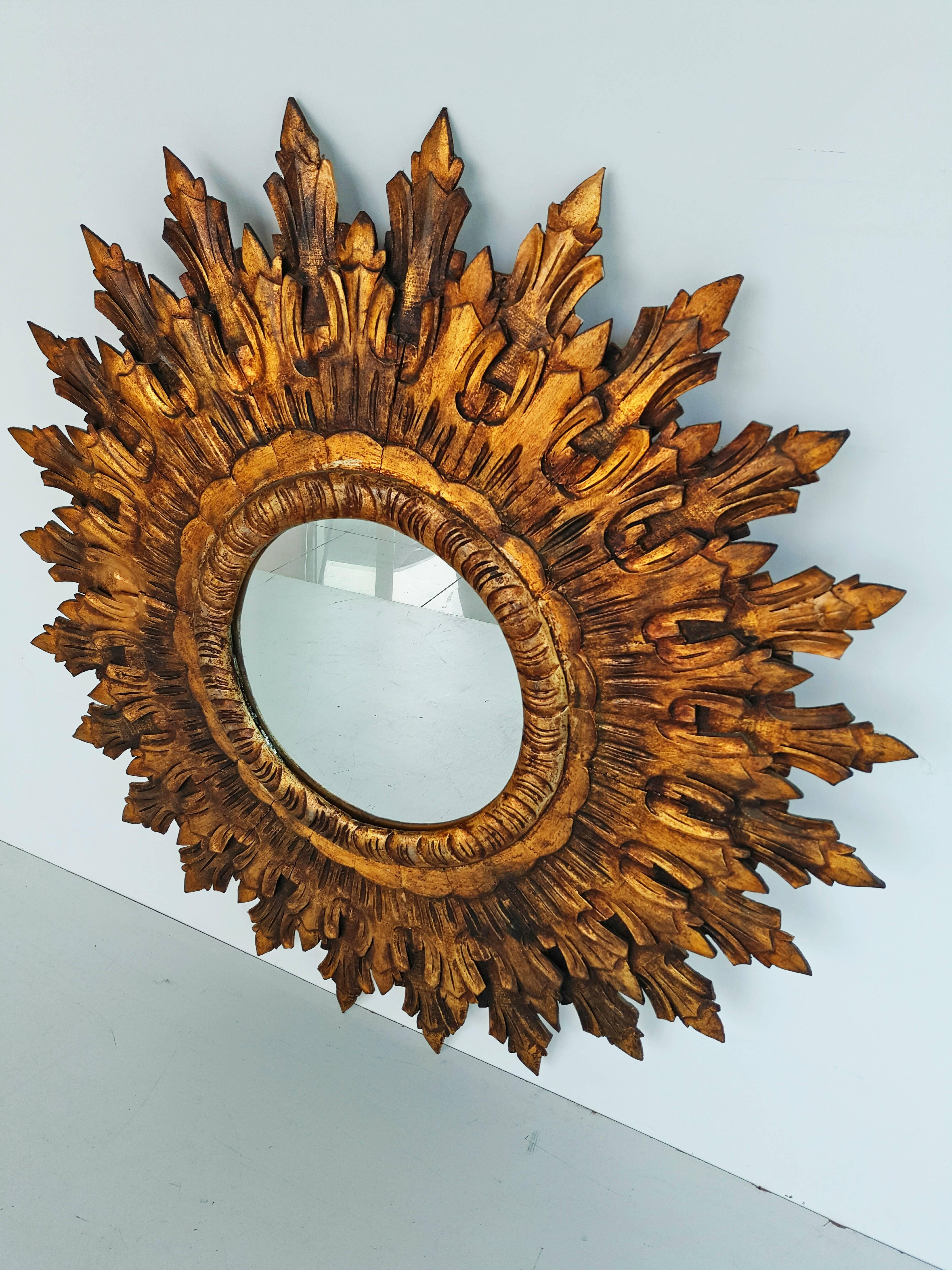 20th Century French Large Mid-Century Giltwood Sunburst Mirror
