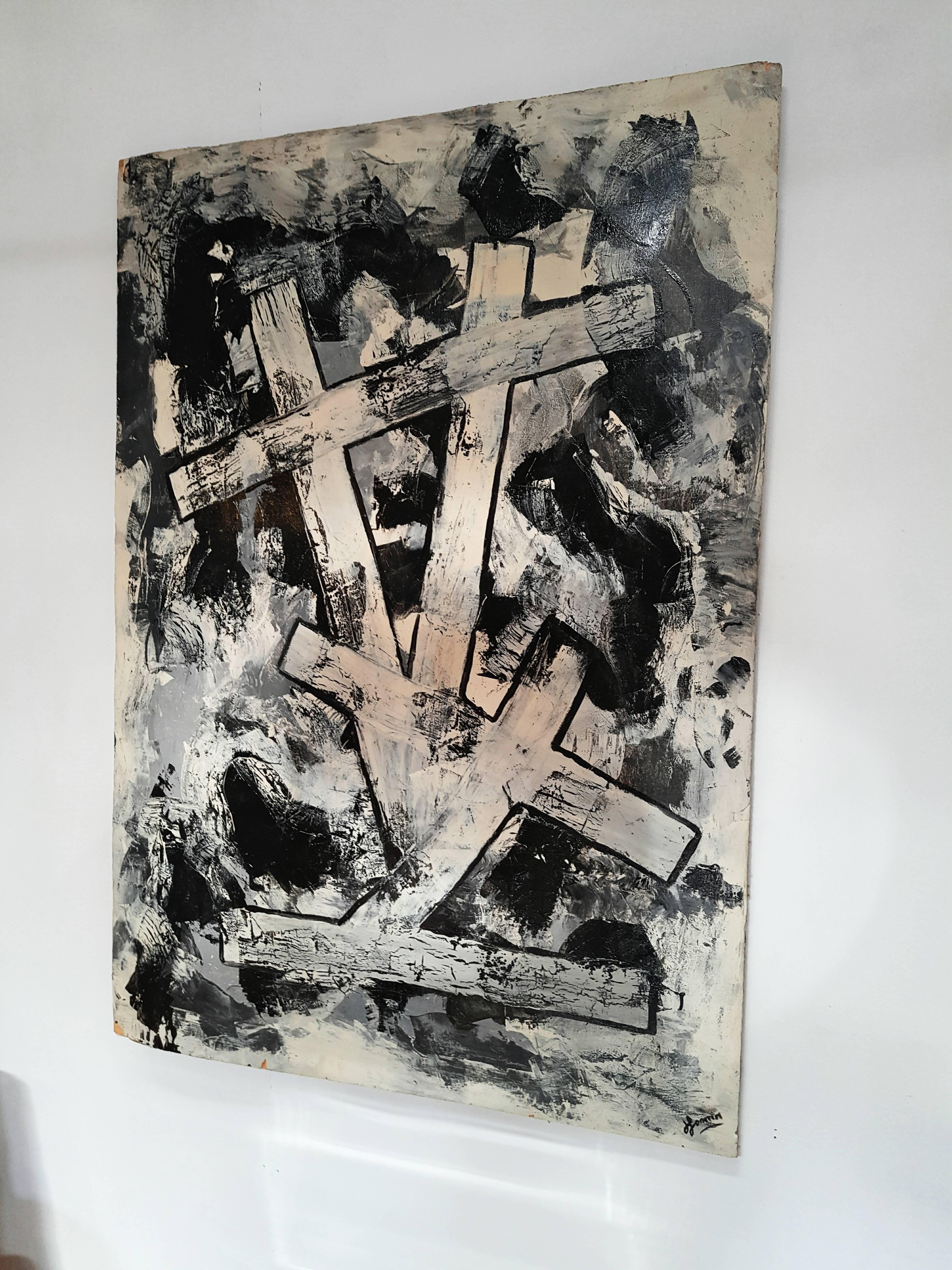Beautiful and large Brutalist abstract painting on wood signed 