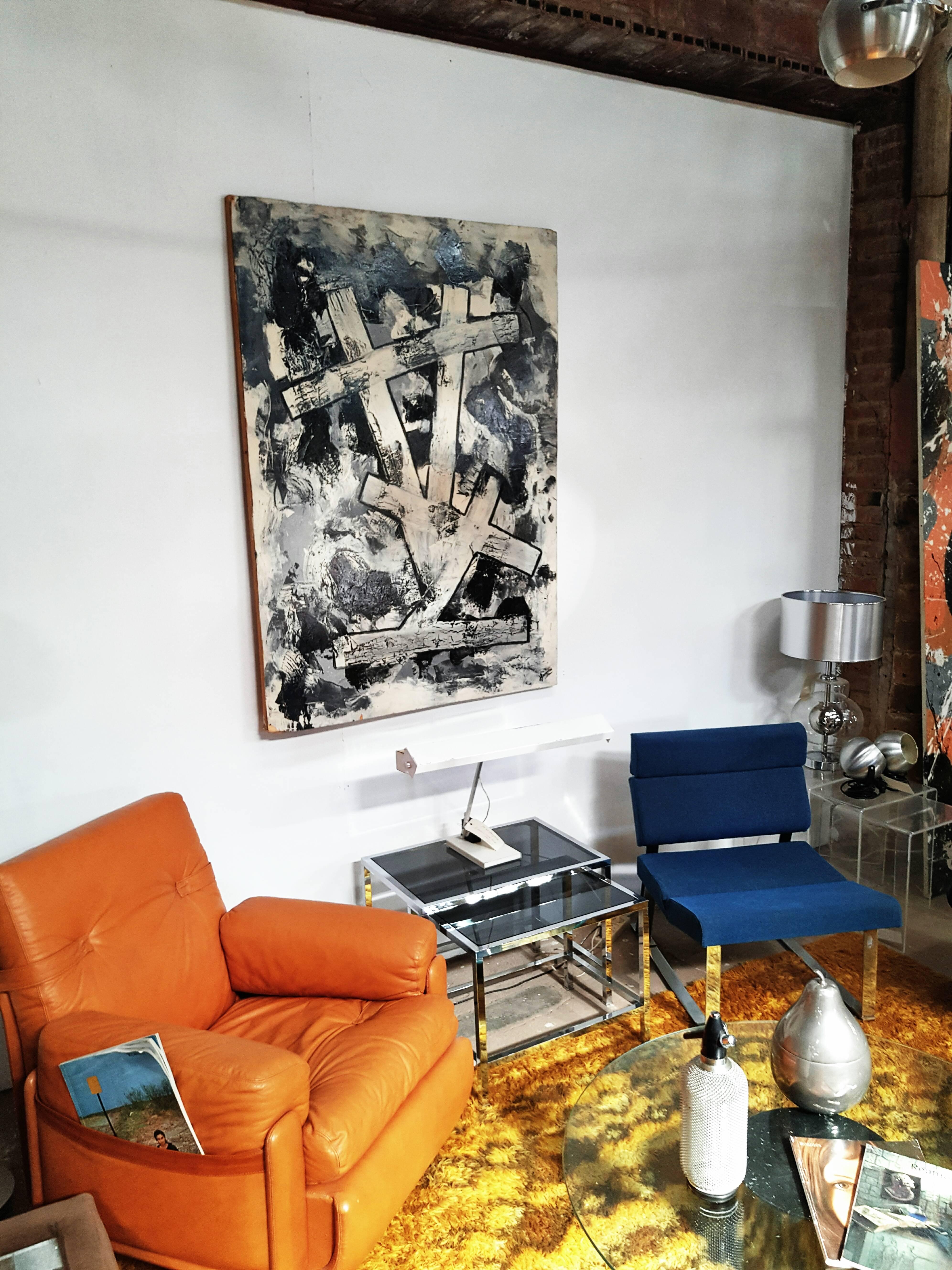 Large Brutalist Abstract Painting on Wood, Signed, France 1990s In Good Condition For Sale In L'Escala, ES